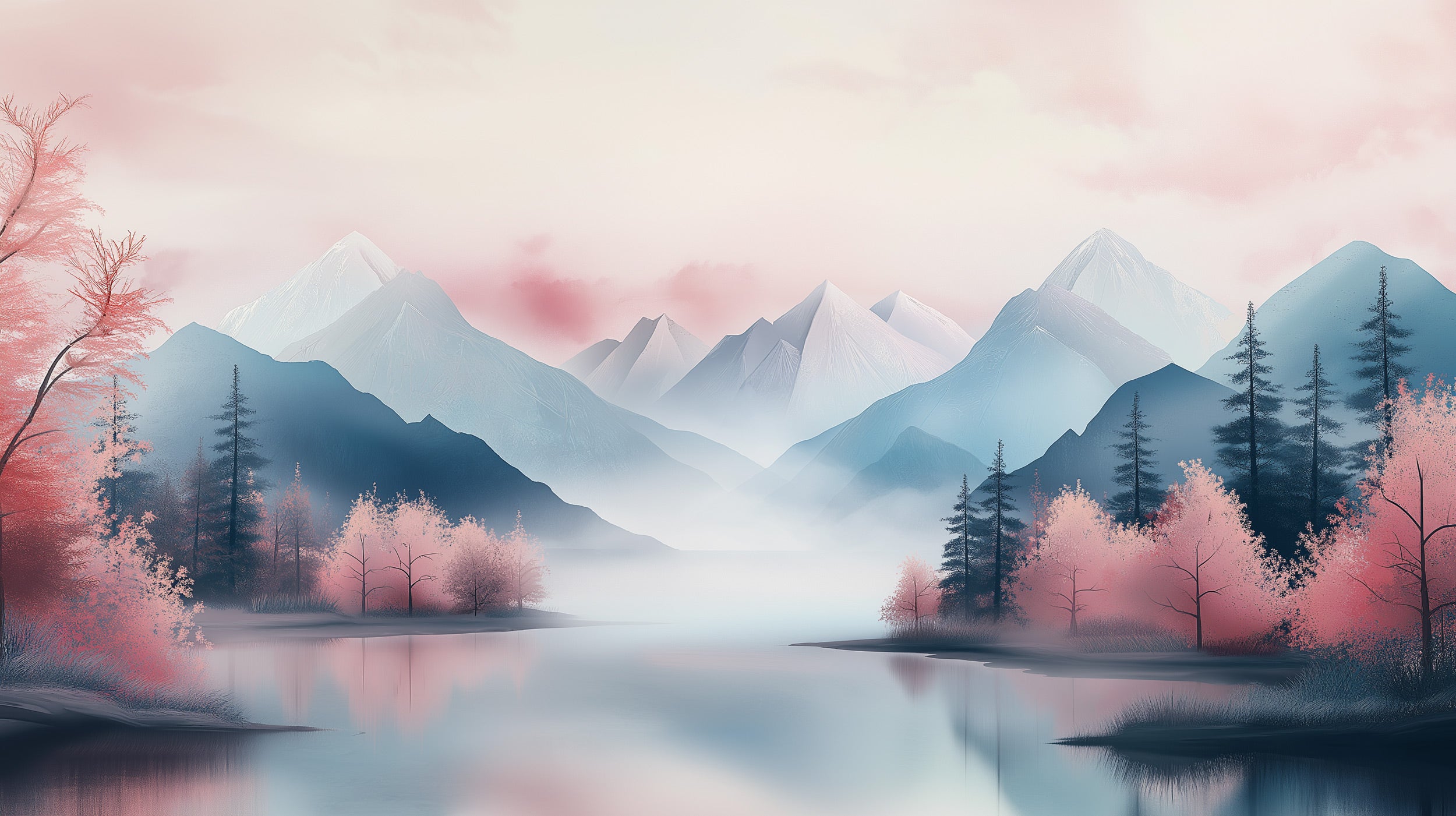 Soft pink and blue mountain lake mural with cherry blossoms and evergreen trees in a tranquil misty landscape