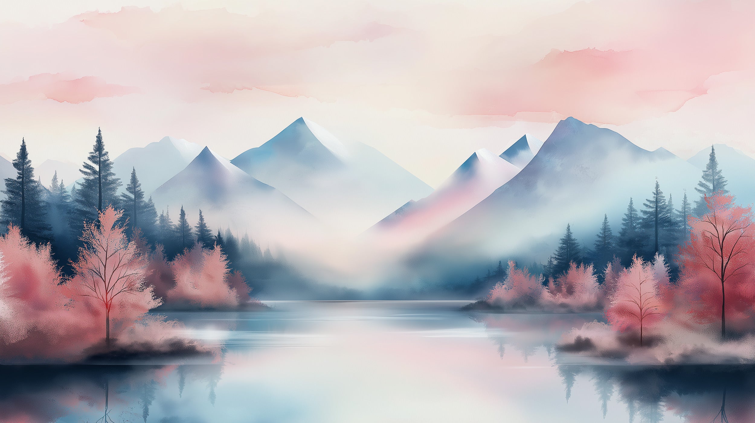 Removable pink mountain lake mural in watercolor style with misty blue mountains, pink trees, and reflective water surface fo