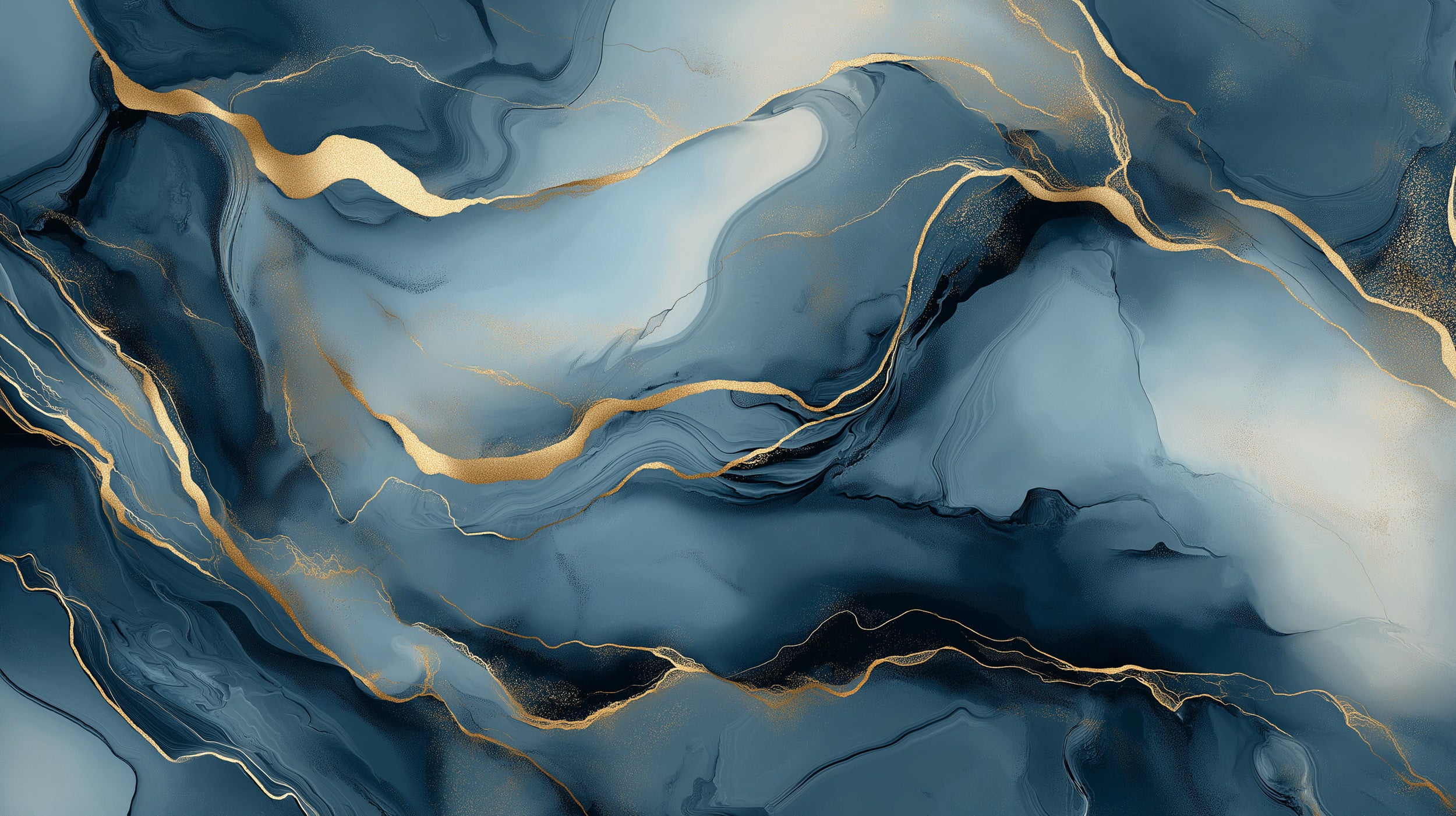 Blue abstract marble mural with gold veining in navy and light blue tones, peel and stick wall art for modern bedroom accent