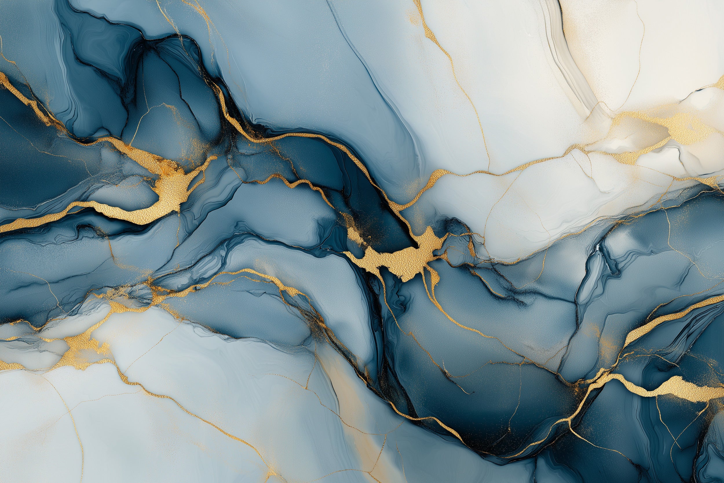 Blue and gold abstract marble mural with flowing patterns and gold veining on a cool blue and white backgroundideo fine art s
