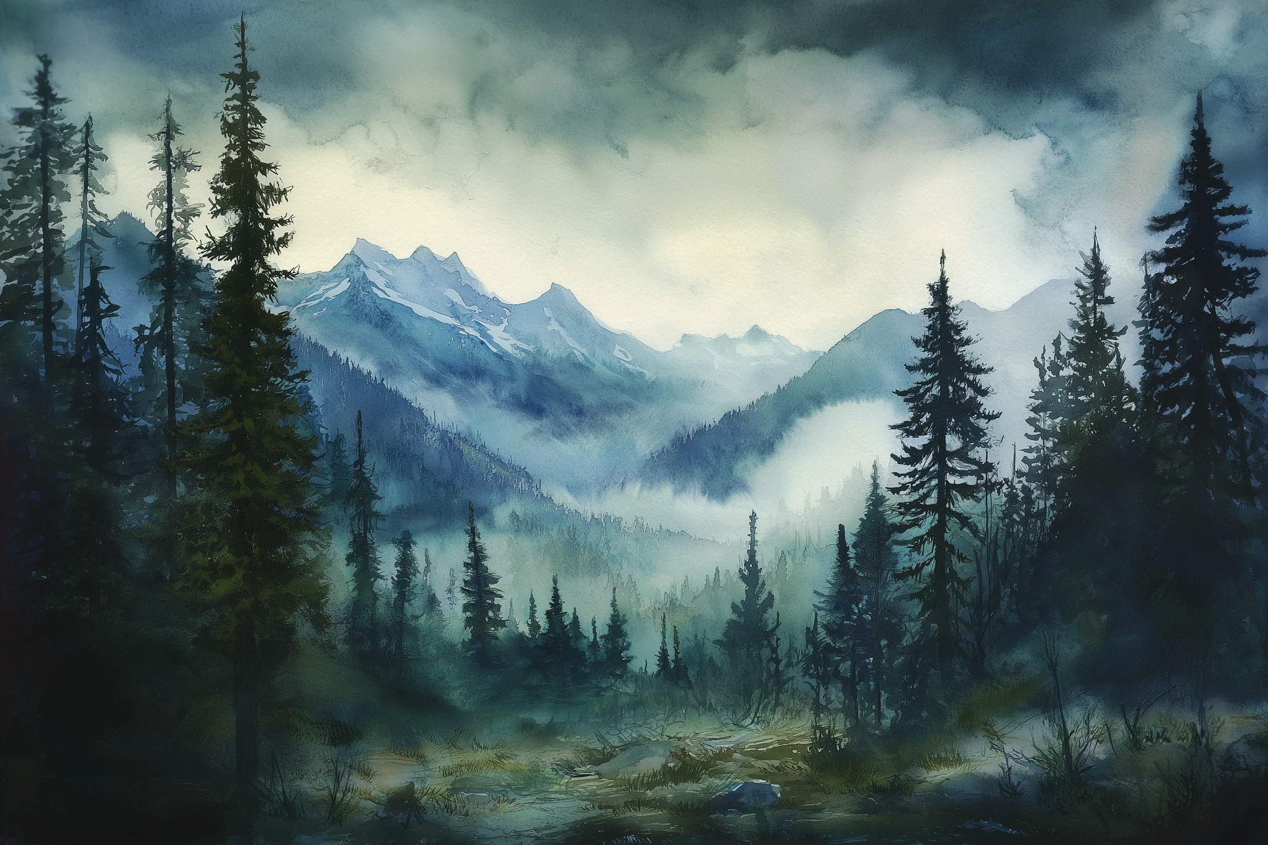 Watercolour mountain forest mural in cool blue greens with misty peaks and evergreen trees, panoramic peel and stick wall art