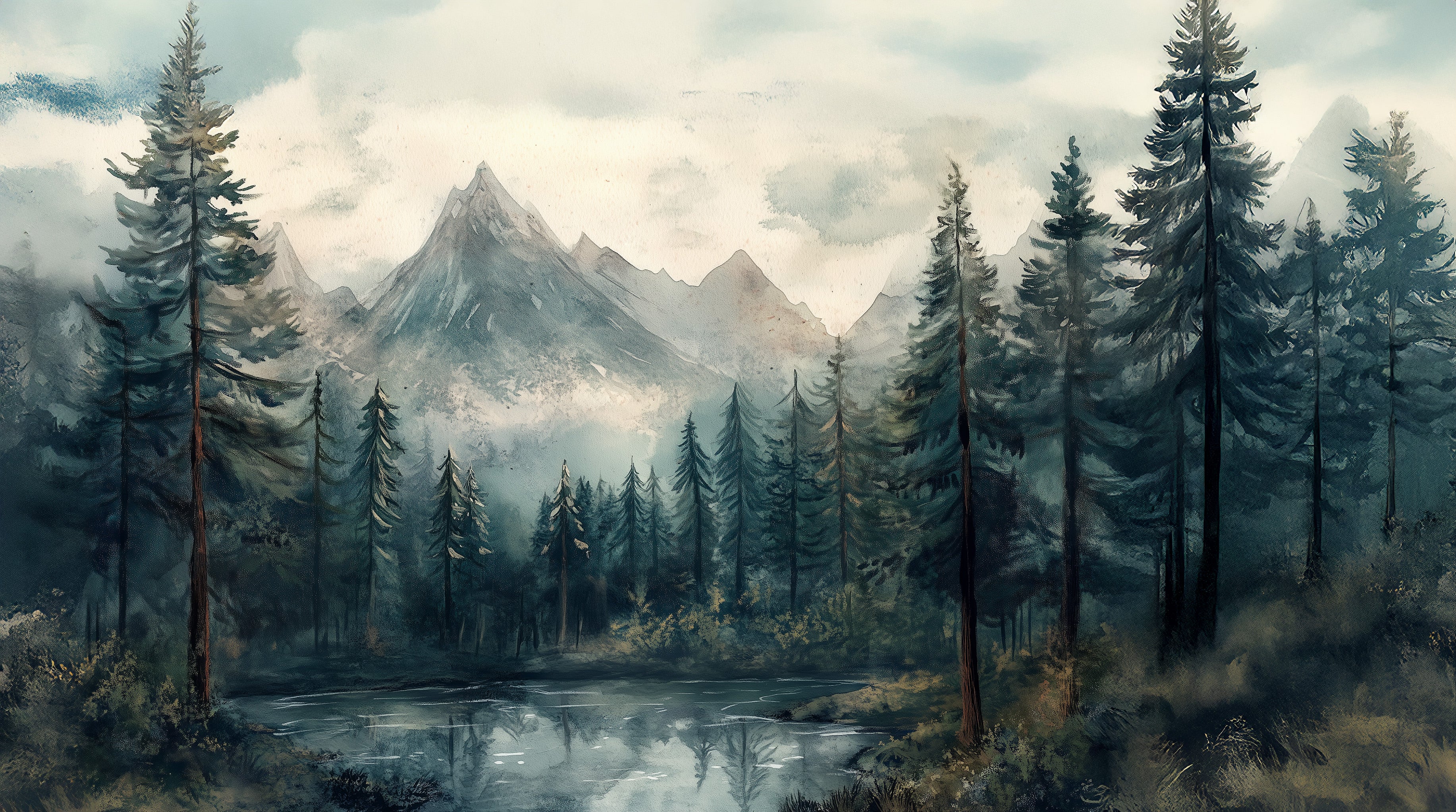 A serene watercolor style mountain forest lake mural with tall evergreen trees, misty peaks in the distance, and a reflective calm lake in cool blues