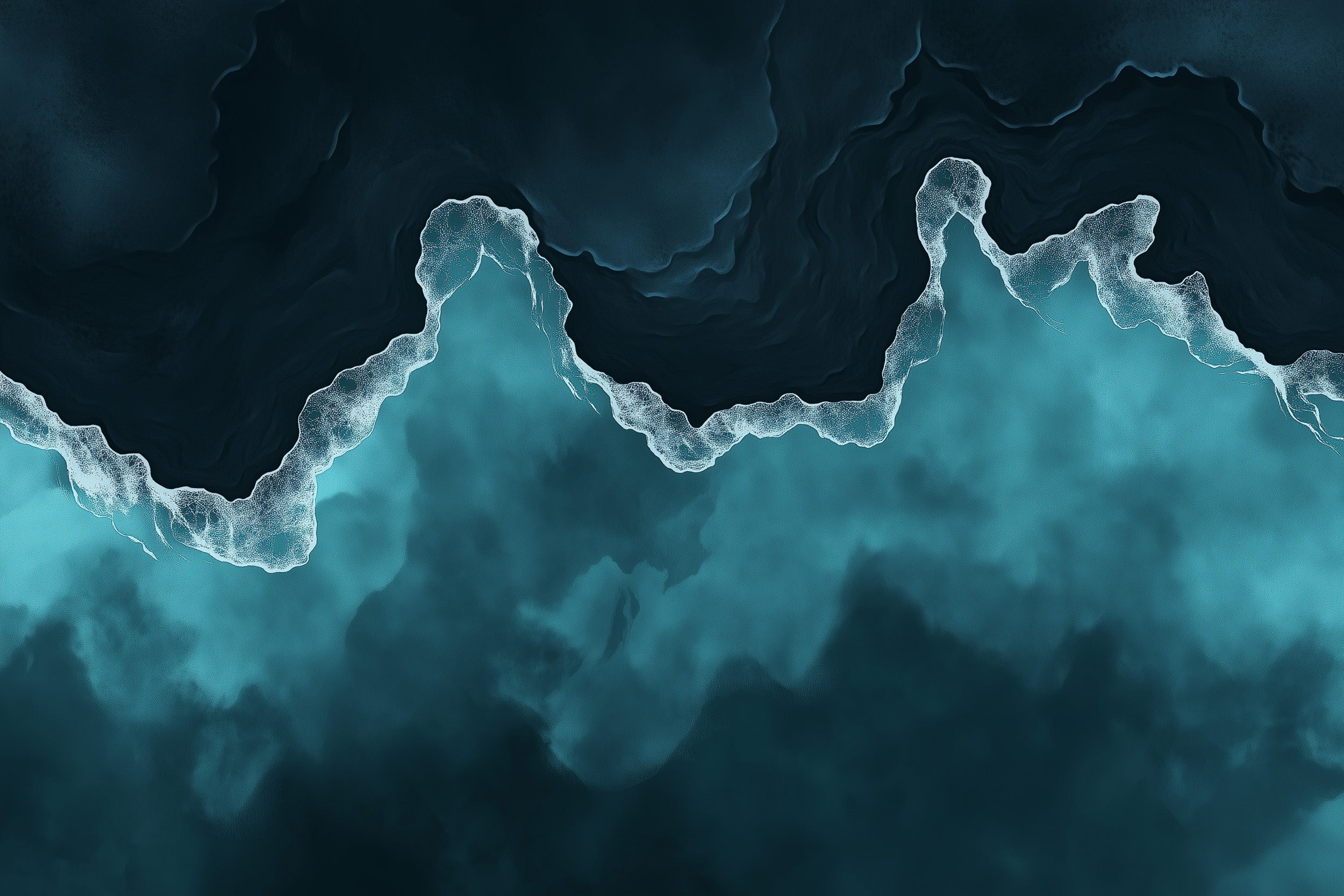 Aerial view of turquoise and navy ocean waves with white foamy edges forming a winding coastline mural style in teal tones