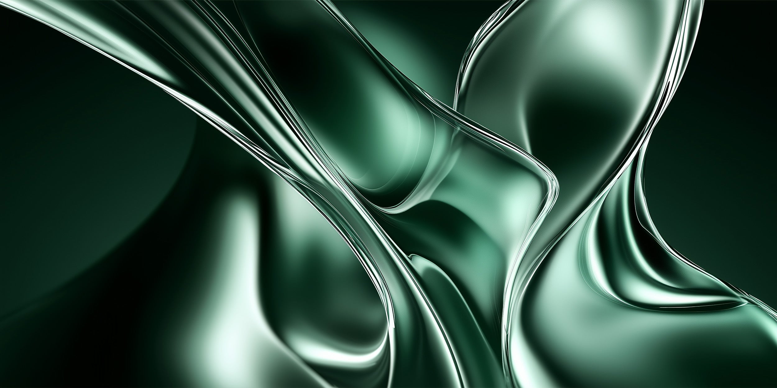 Emerald liquid metal abstract mural with flowing green swirls and metallic highlights for a modern living space backdrop