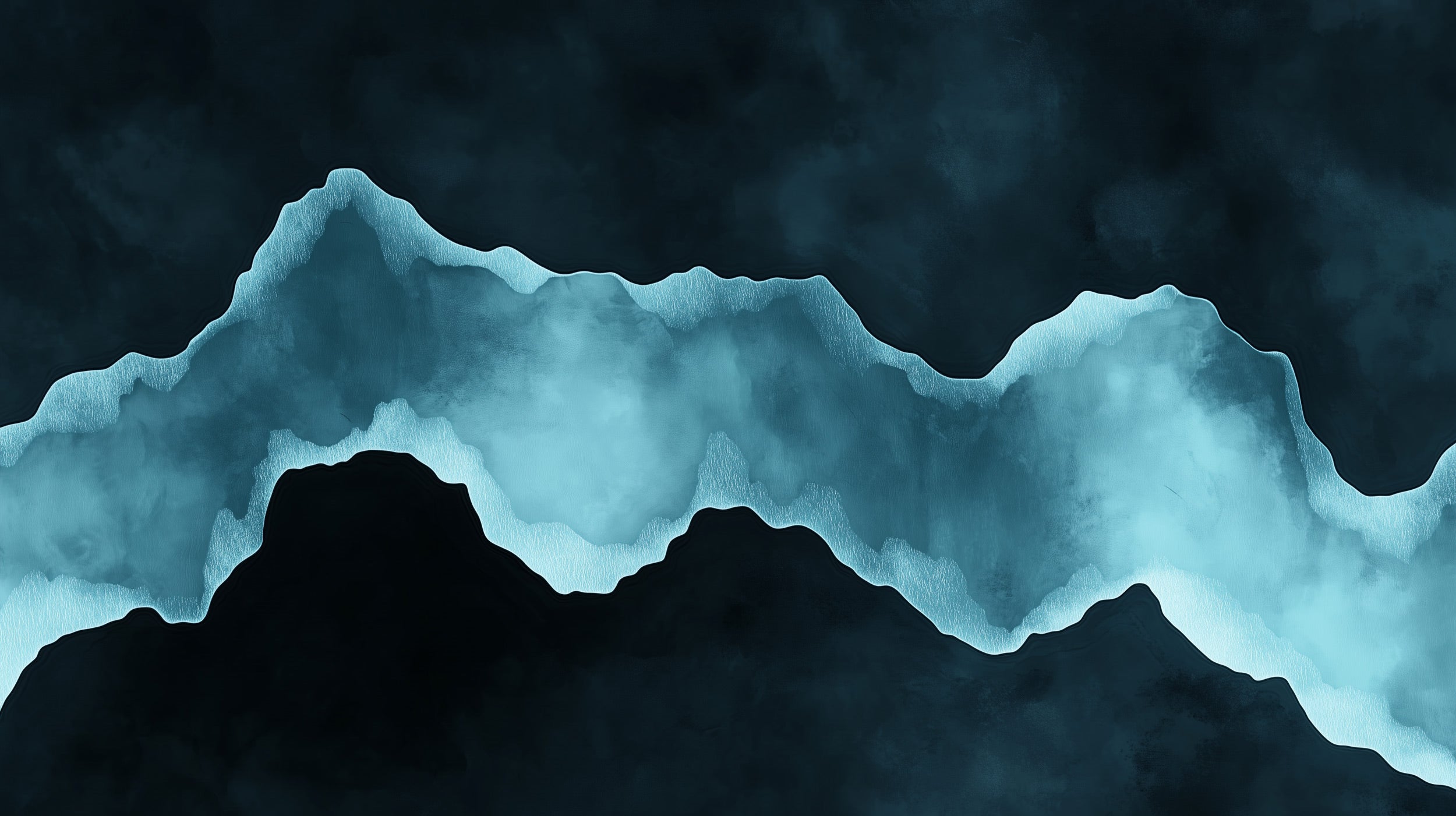Abstract teal mountain mural with navy tones, peel and stick wall art showing misty blue mountain range for modern living spa