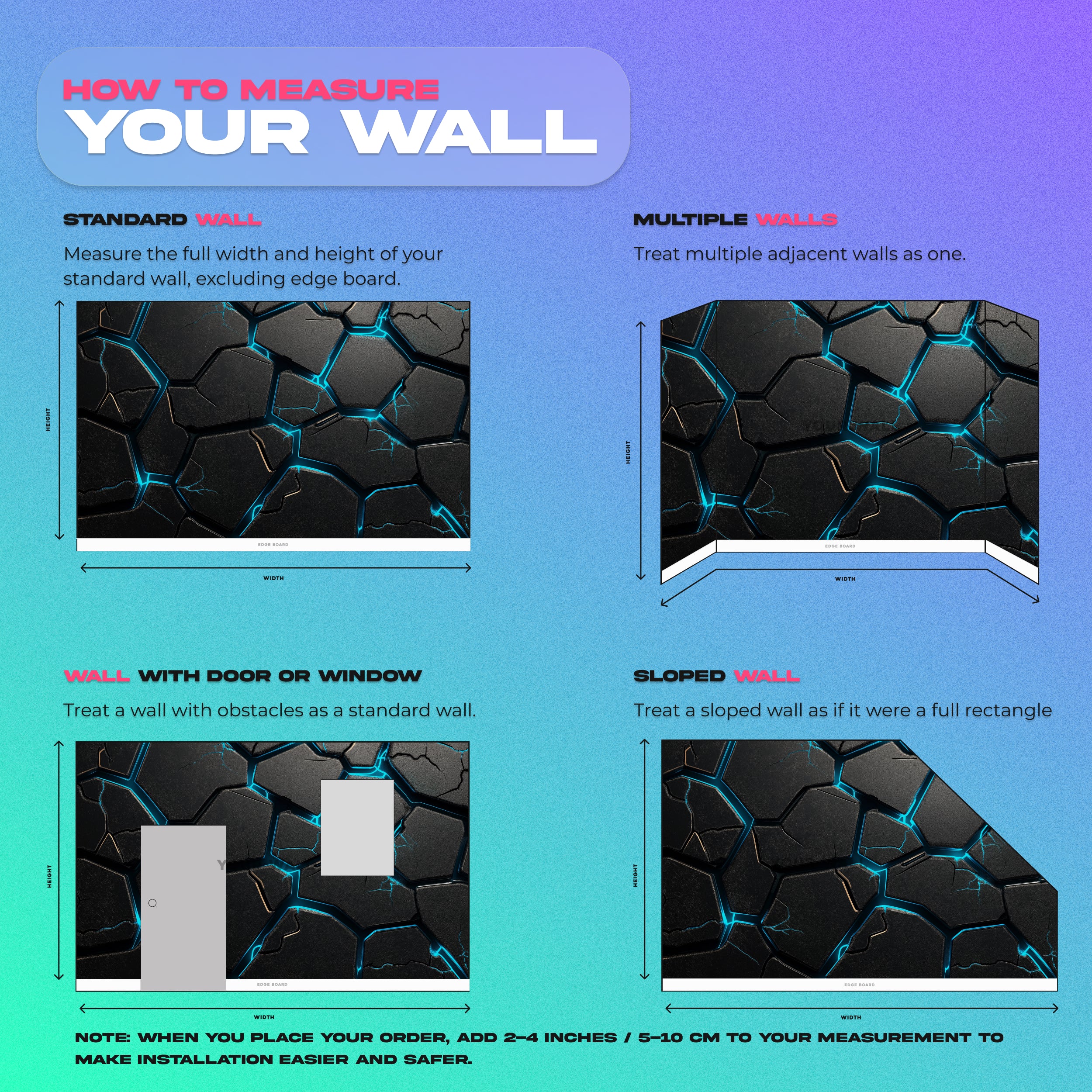 Futuristic hexagon mural with cyan blue glowing lines on dark cracked panels, shown as peel and stick wall art for modern gam