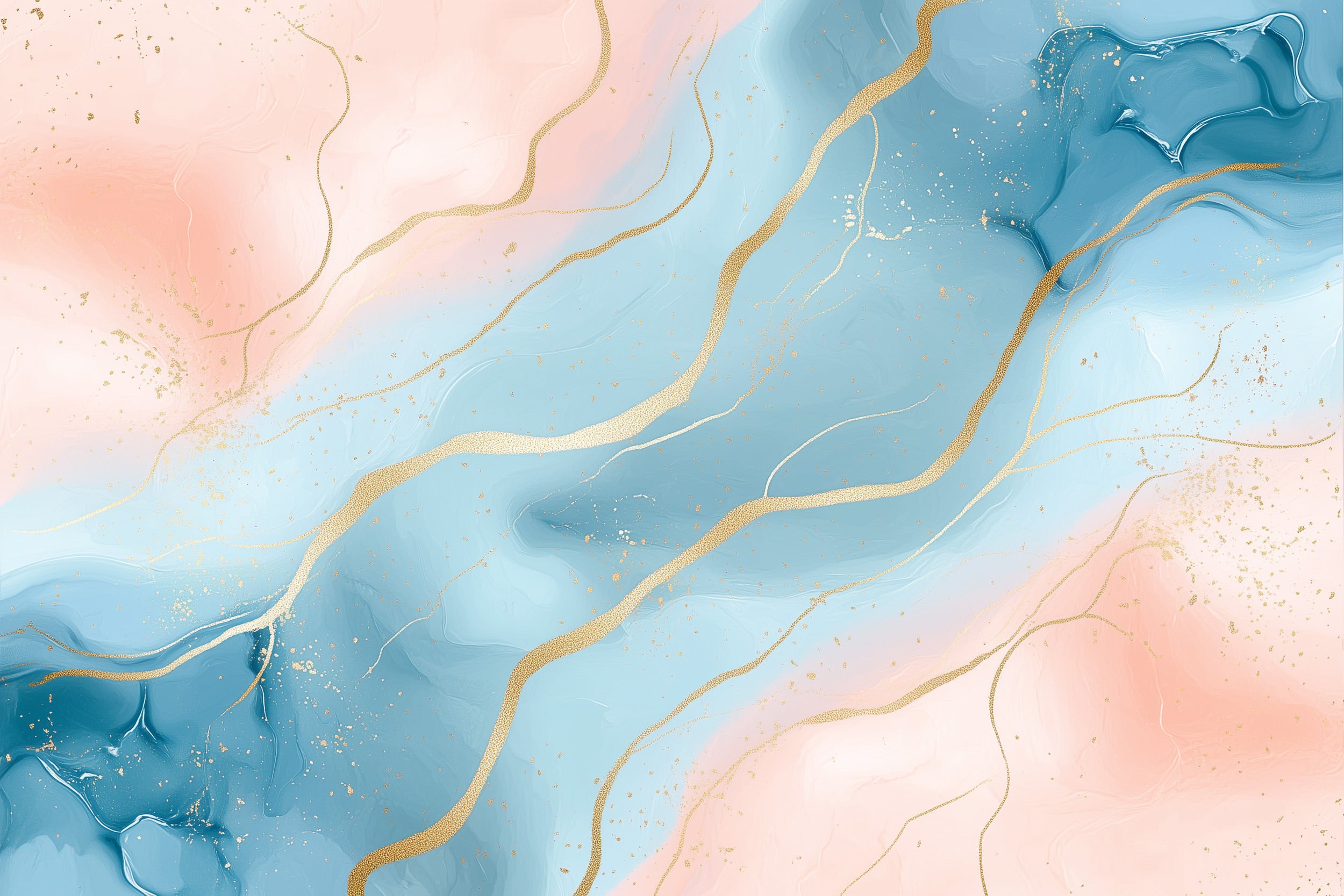 Abstract blue and pink watercolor mural with flowing gold veining for a luxe contemporary wall decor