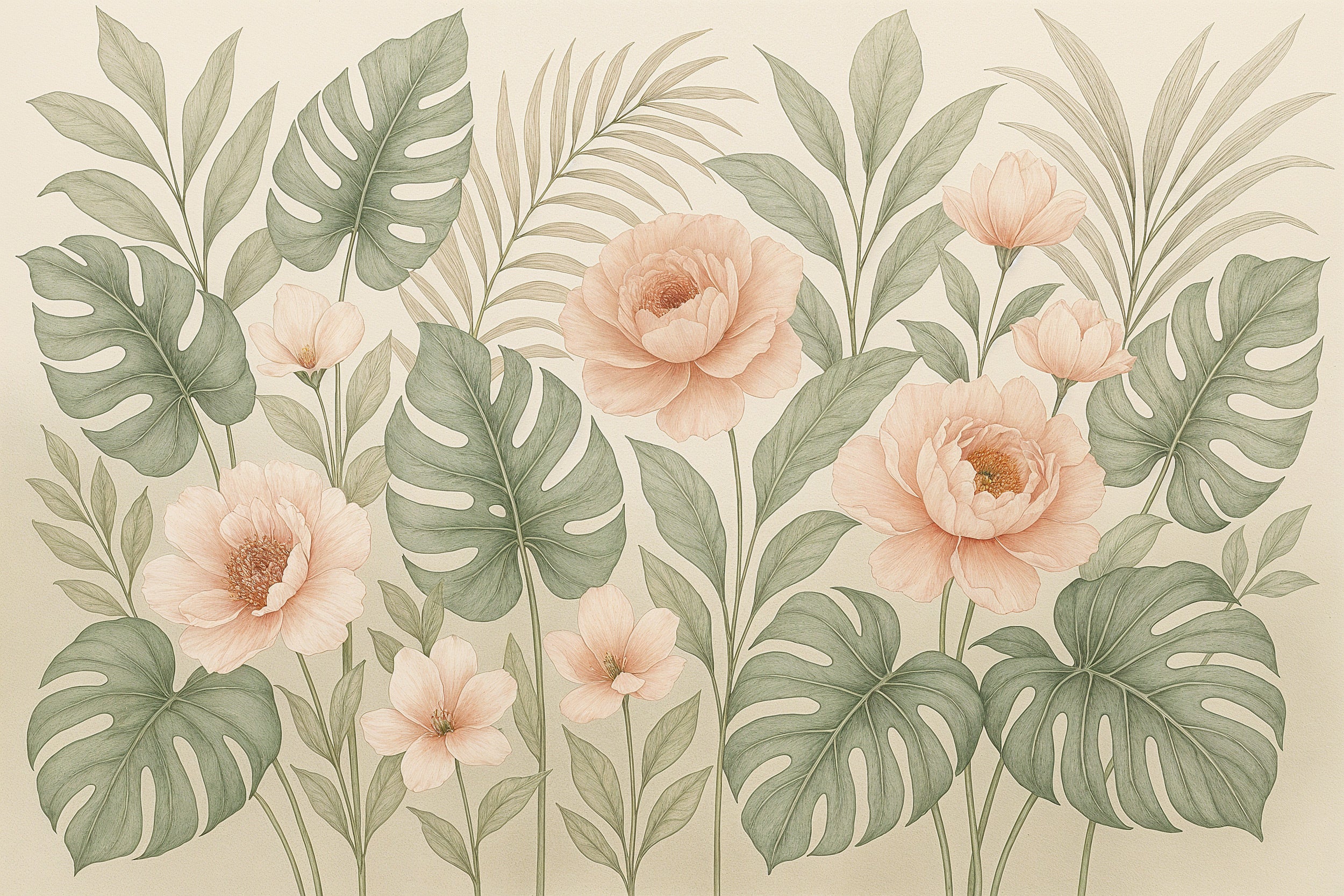 Removable tropical mural with peach peonies and green monstera leaves in watercolor style for wall decor