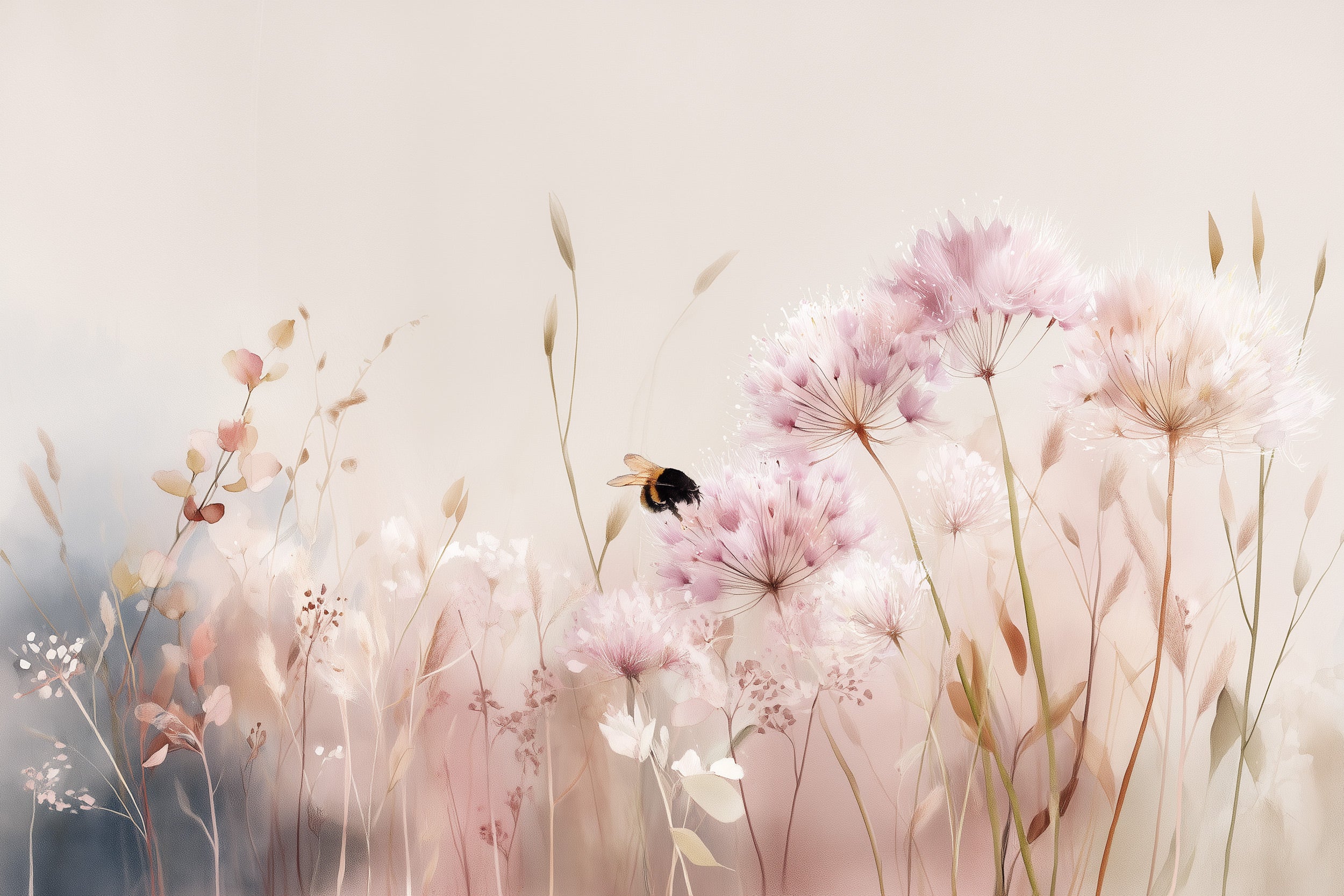 Soft pink wildflowers with a bee on a watercolor meadow mural, pastel grasses, dreamy nursery decor style, peel and stick nat