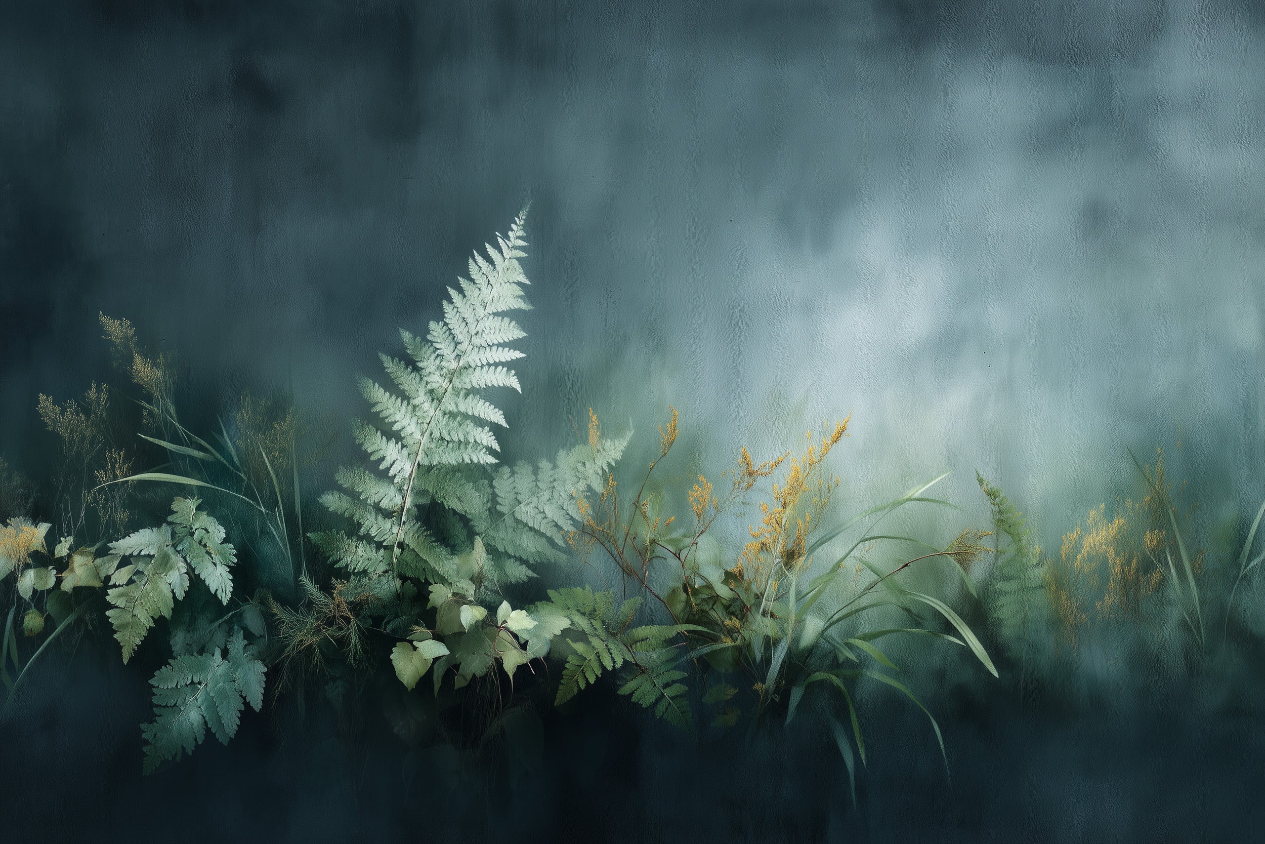 Teal forest mural featuring ferns and grasses with misty backdrop for a tranquil bedroom decor