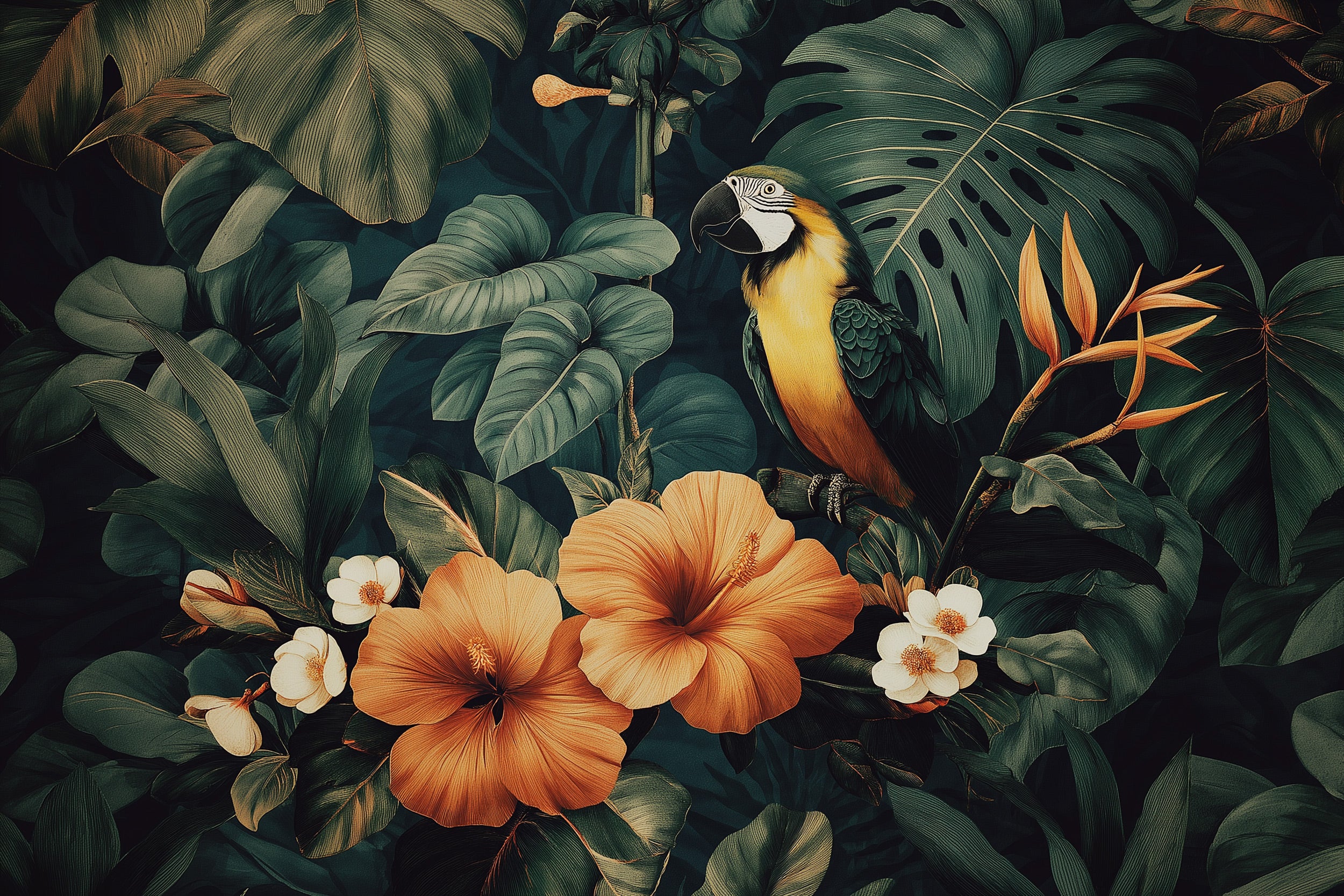 Vibrant tropical parrot perched among lush green leaves and orange hibiscus flowers in a tropical paradise mural style