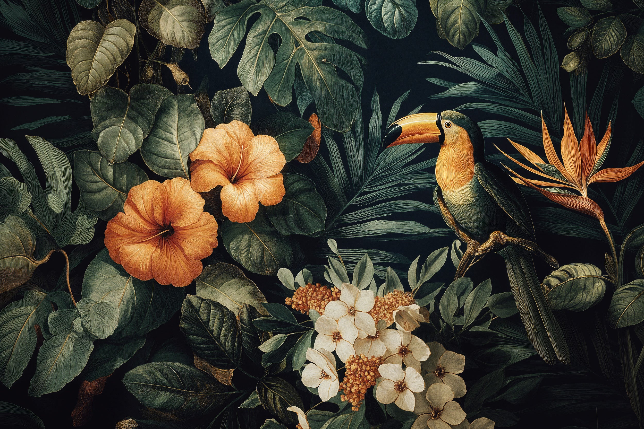Vibrant tropical toucan mural with orange hibiscus flowers and lush green leaves in a rainforest wall art scene with peel and