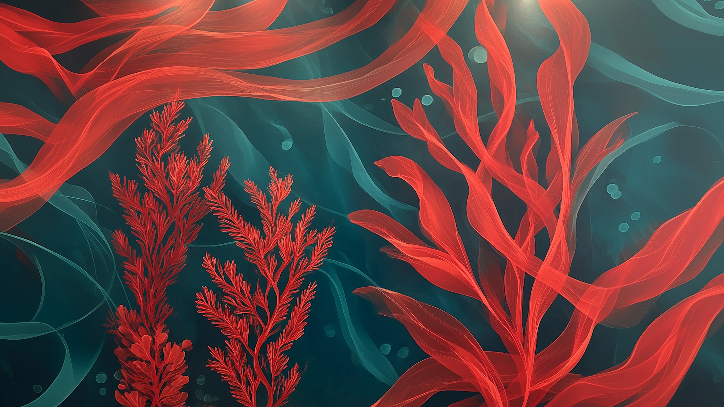 Underwater seaweed mural with red coral and teal ocean depths in a flowing botanical wallpaper design