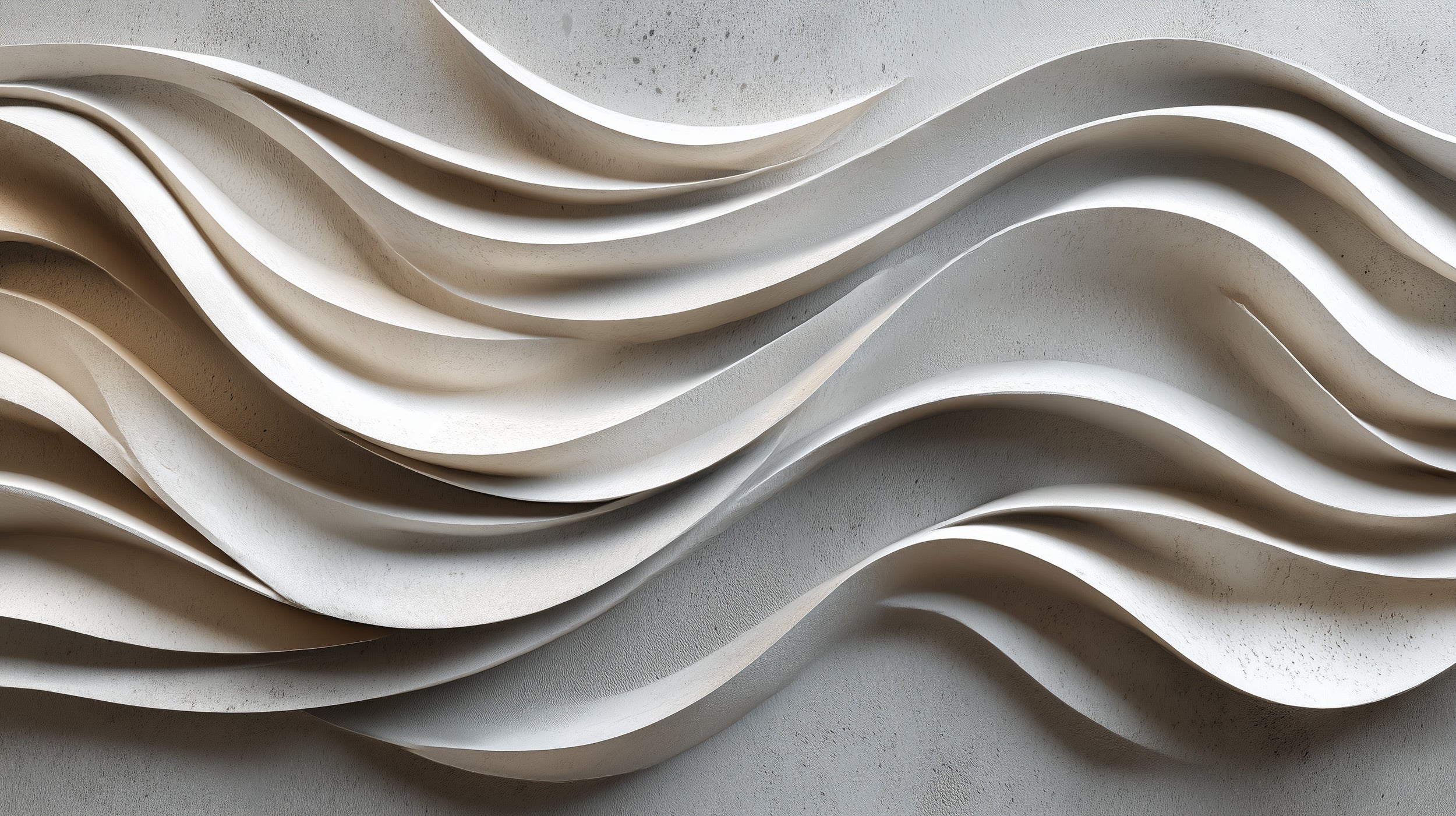 Neutral 3D wave mural with sculptural beige and white flowing curves in a modern minimalist wall art setting