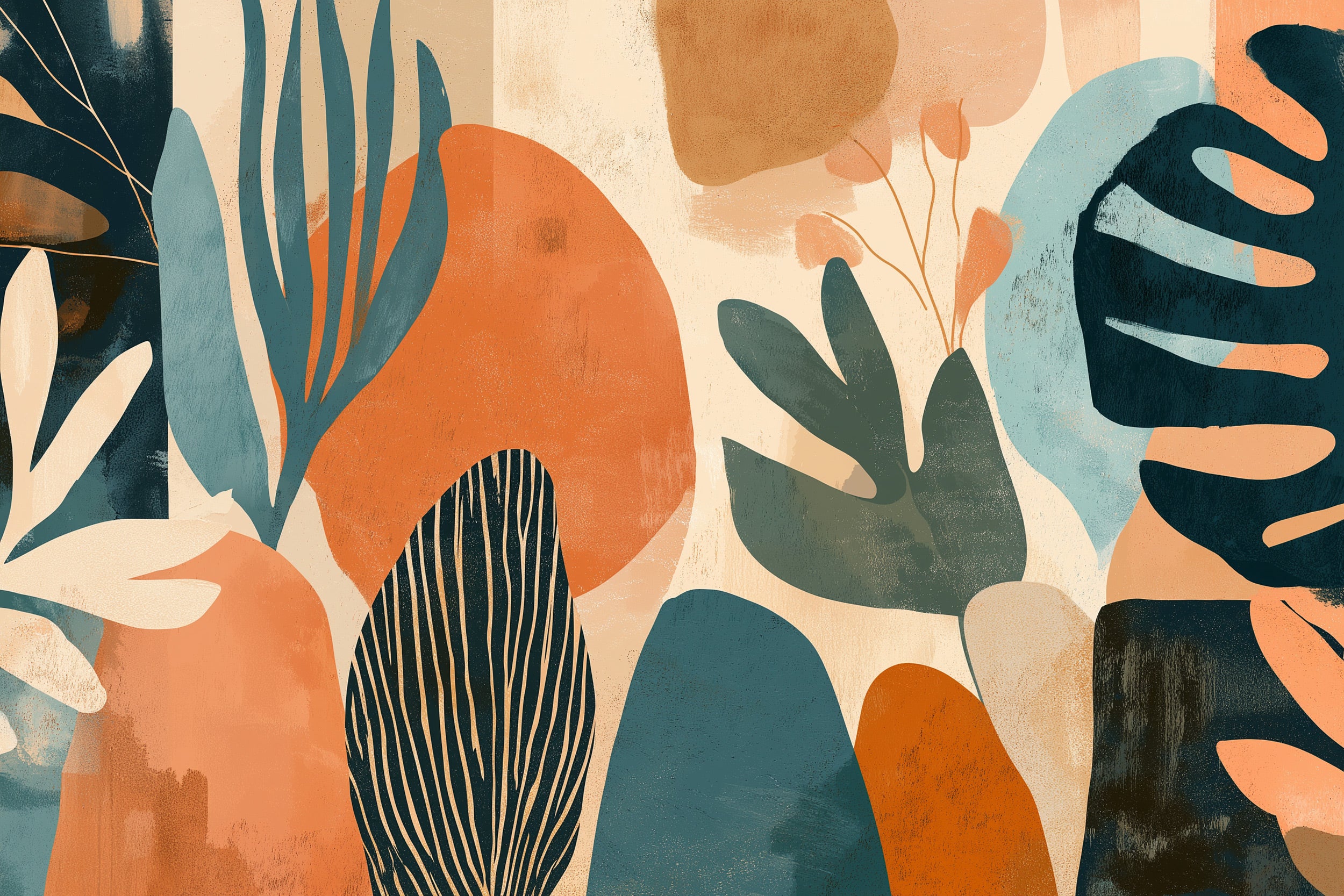 Abstract botanical mural with terracotta teal leaves in contemporary wallpaper vibe with painterly textures, warm beige tones