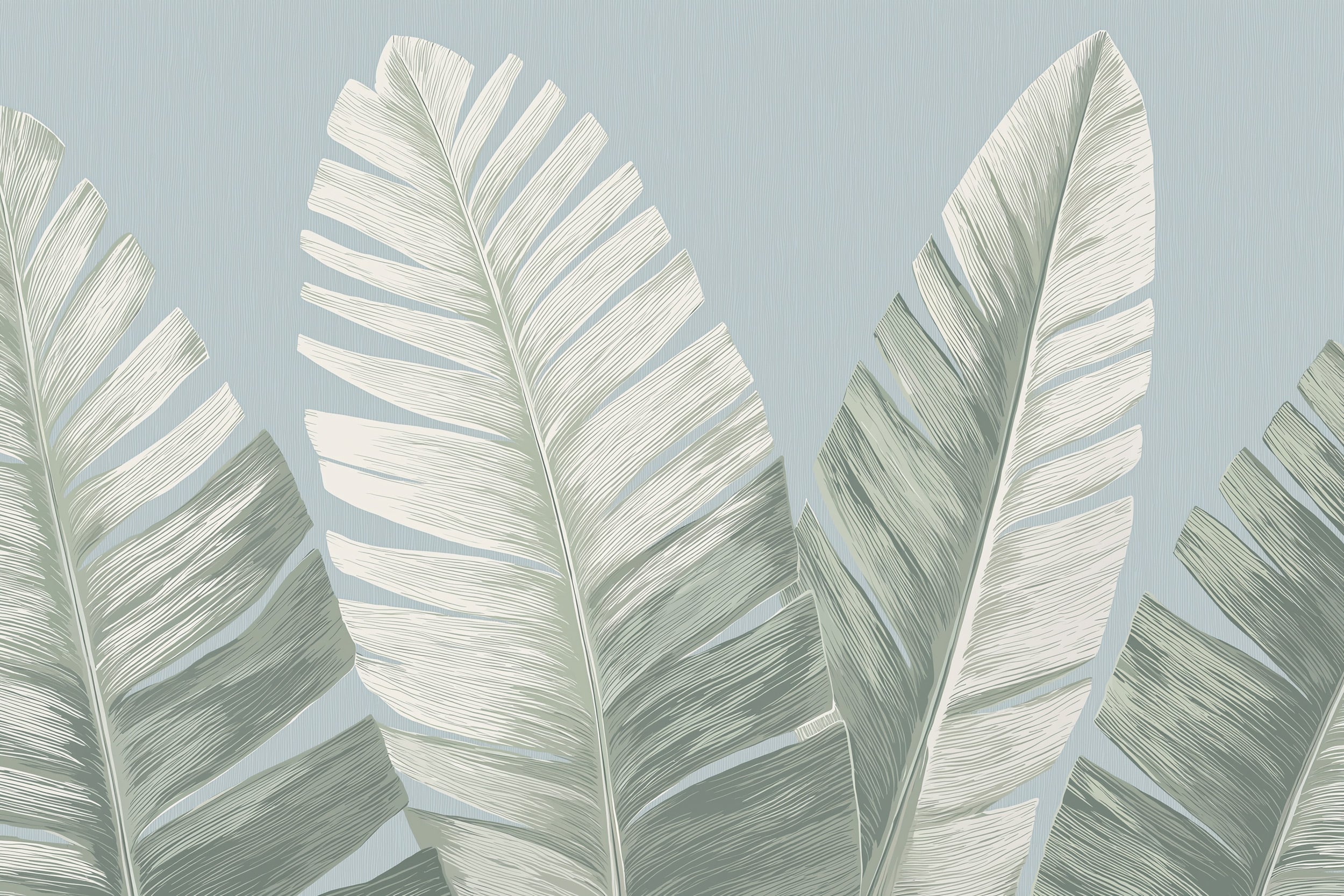 Soft sage green banana leaf mural with large hand-drawn palm motifs on a light blue background for a calming living space