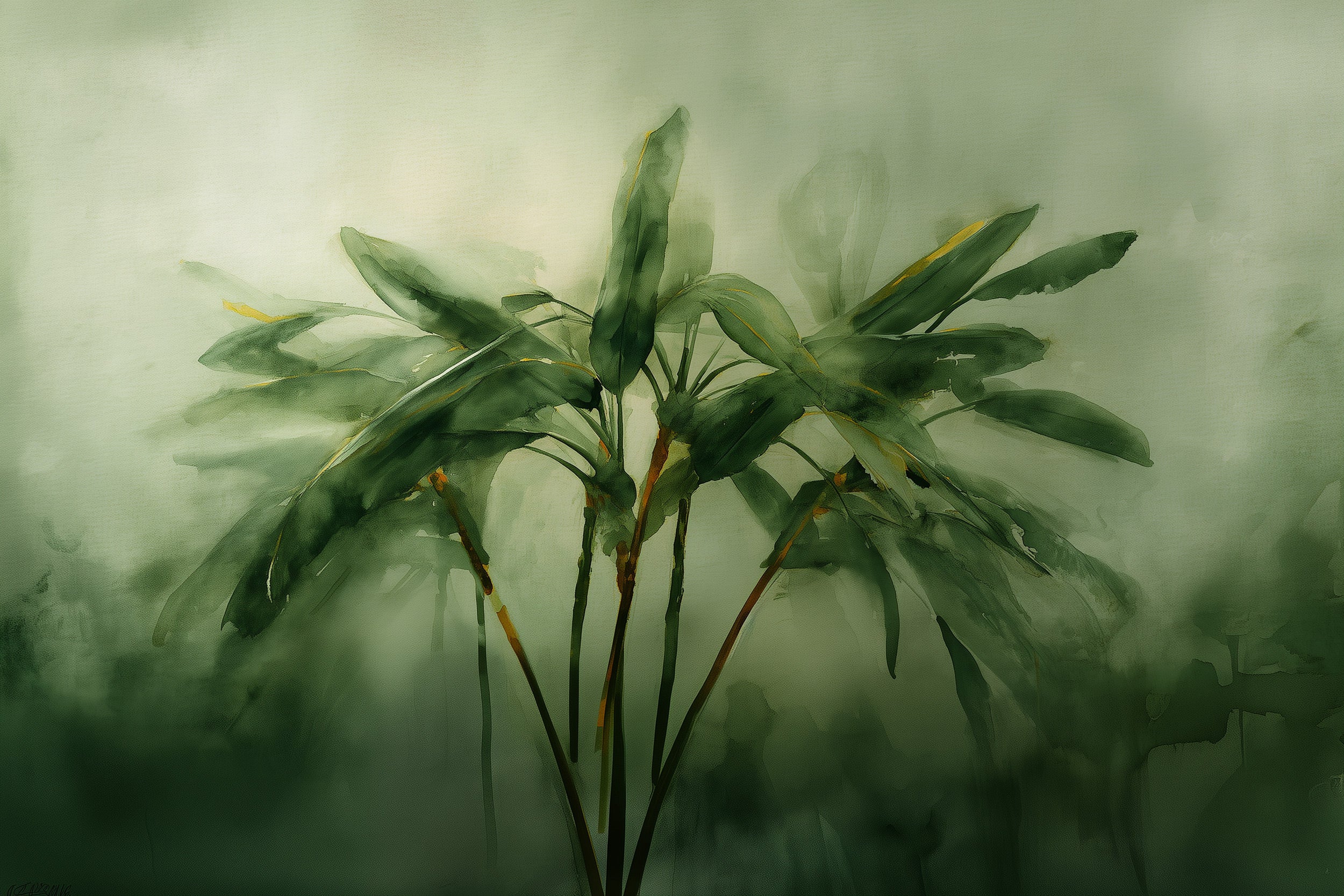 Watercolor tropical palm mural in soft sage greens with lush palm fronds and subtle background texturing for a calming botani