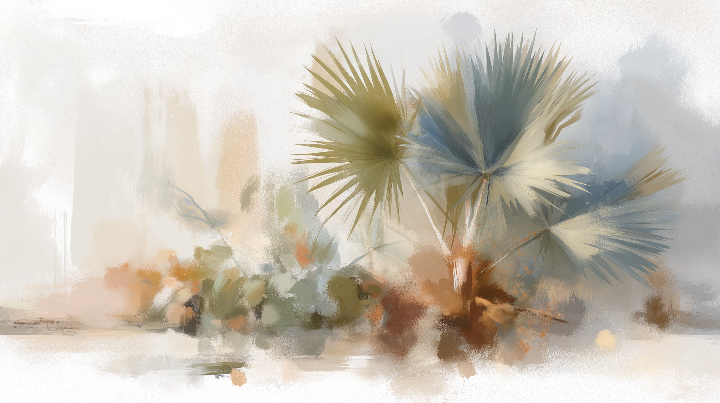 Watercolor palm tree mural with tropical botanical design in beige, green, and blue tones for a soft earth toned living space