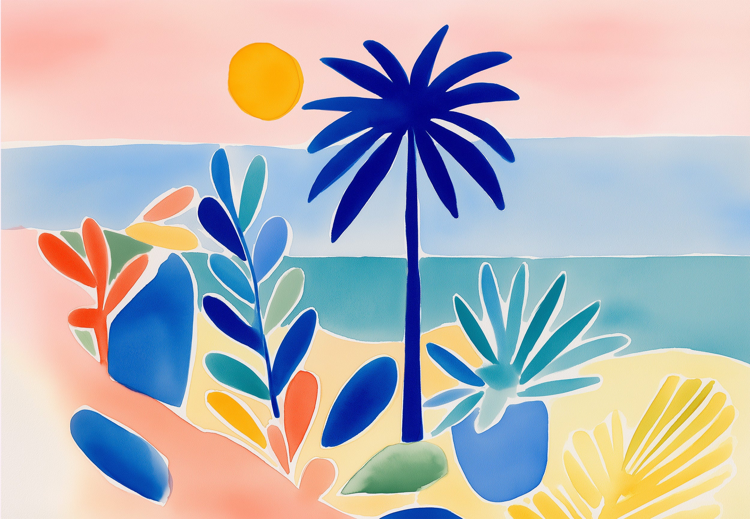 Vibrant tropical mural with bold blue palm tree, abstract foliage in blues oranges teals, sun over pastel beach scene on peel