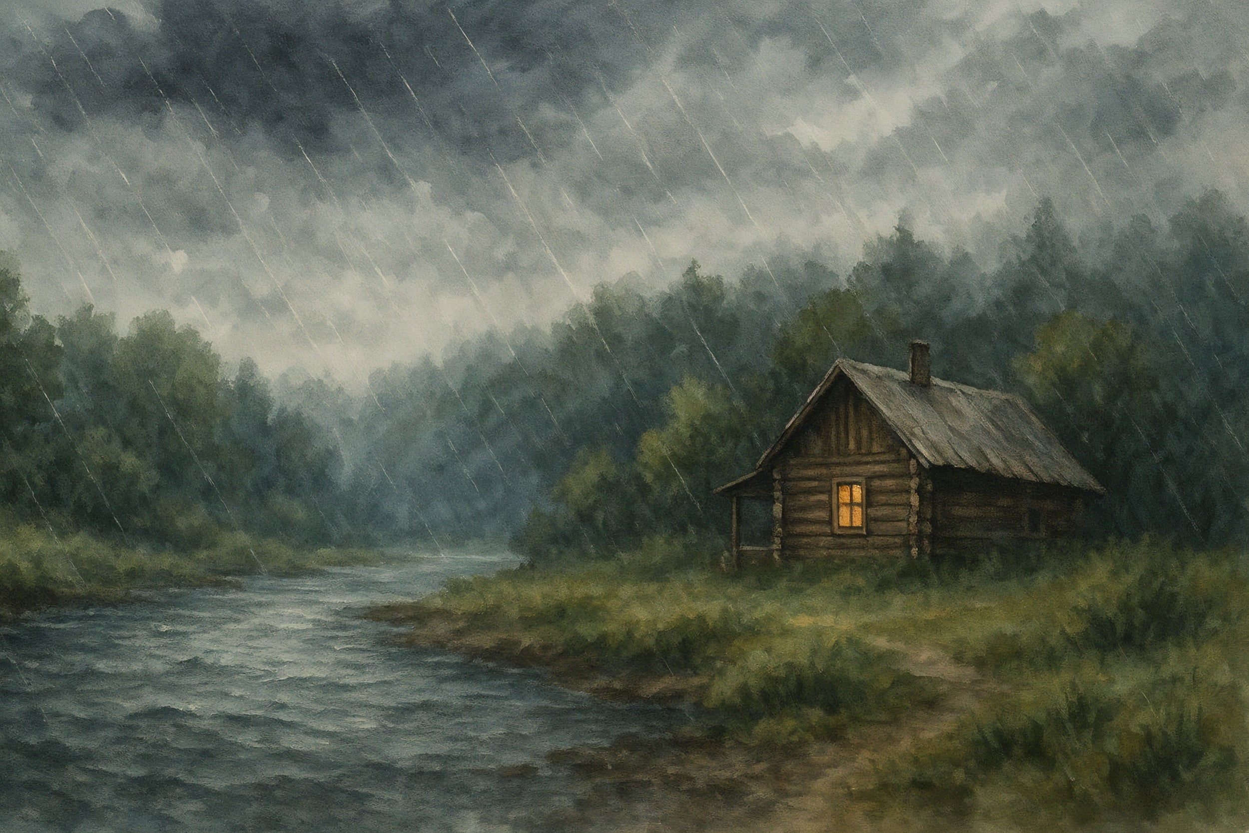 Rainy forest cabin mural with moody stormy skies, a warm lit log cabin by a river amid lush greenery and rain streaks