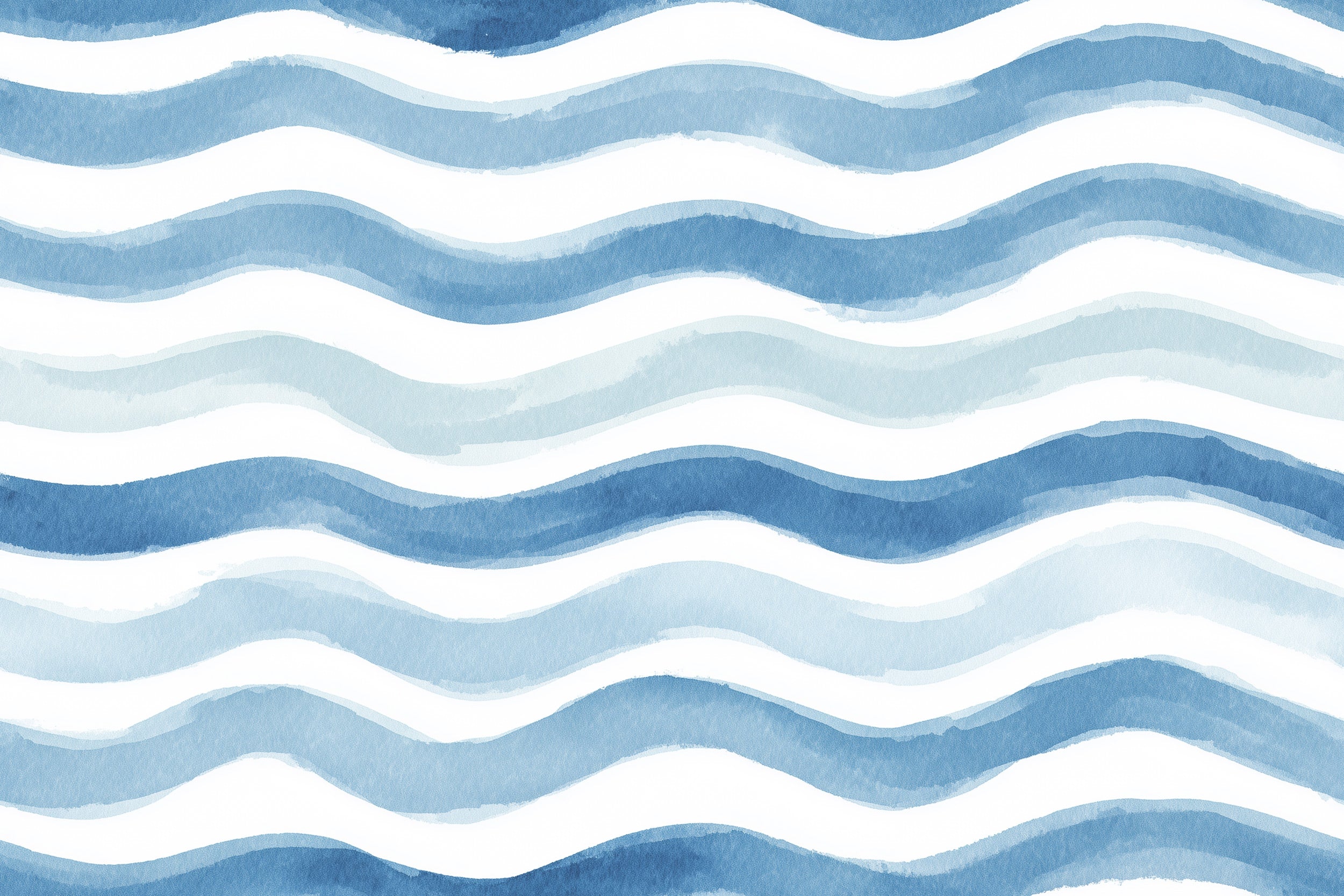 Blue watercolor wave pattern wallpaper with white accents in a seamless coastal design, ideal for bathrooms and coastal-theme