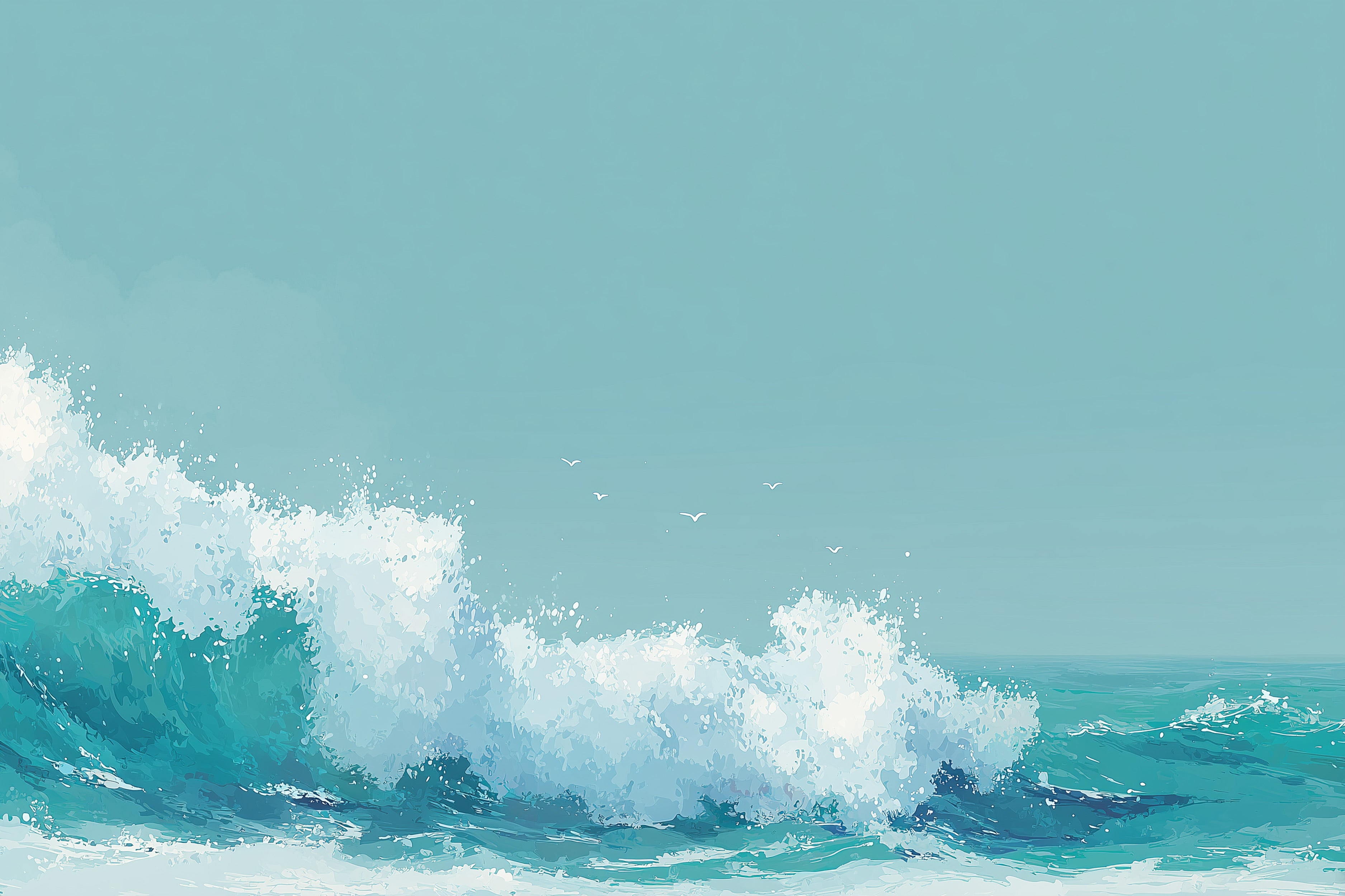 Ocean wave mural with turquoise water and white foam featuring crashing waves and soaring seabirds in a coastal bedroom setti