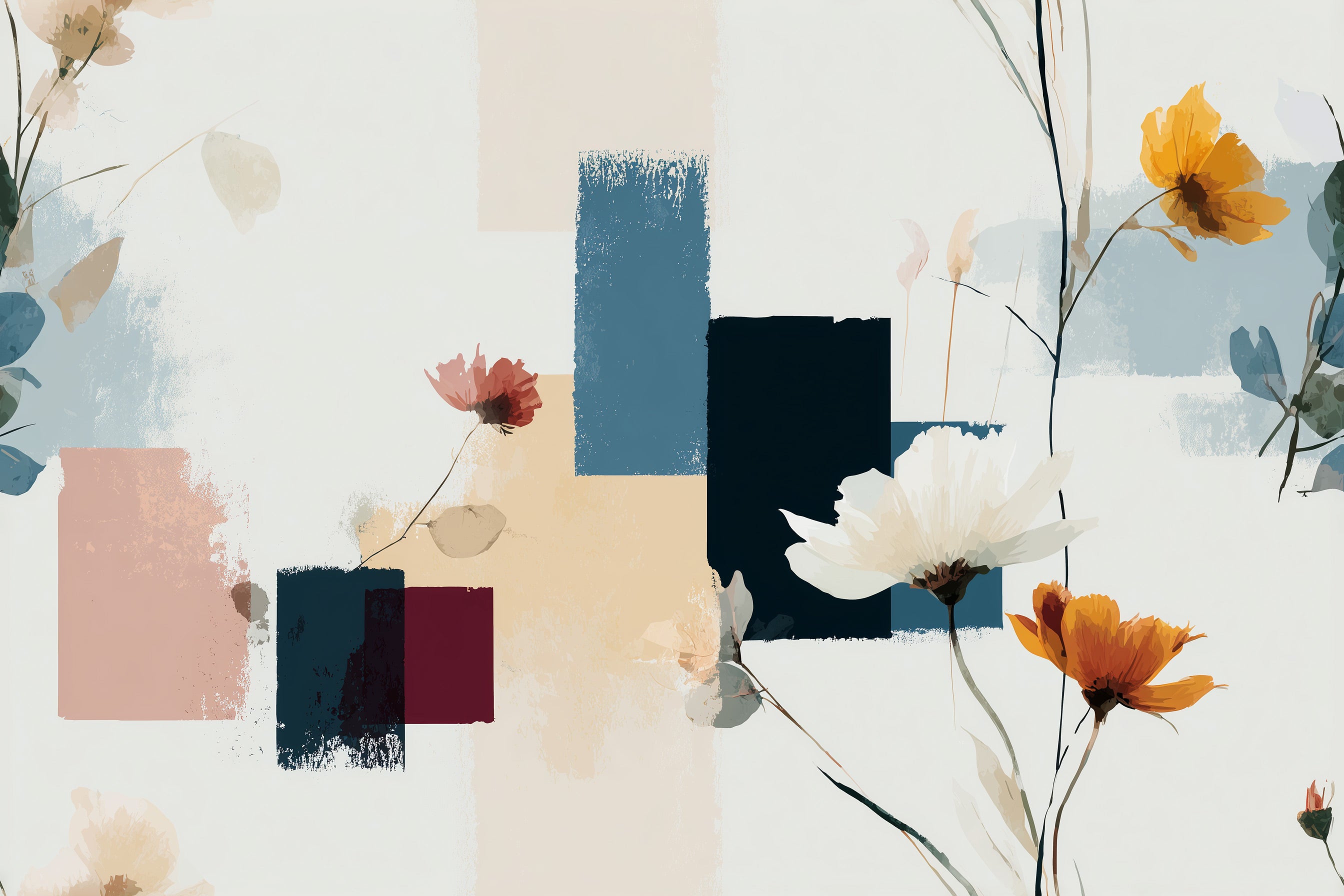 Abstract floral wallpaper with geometric blocks in navy teal peach and orange with cosmos flowers in a modern living room set