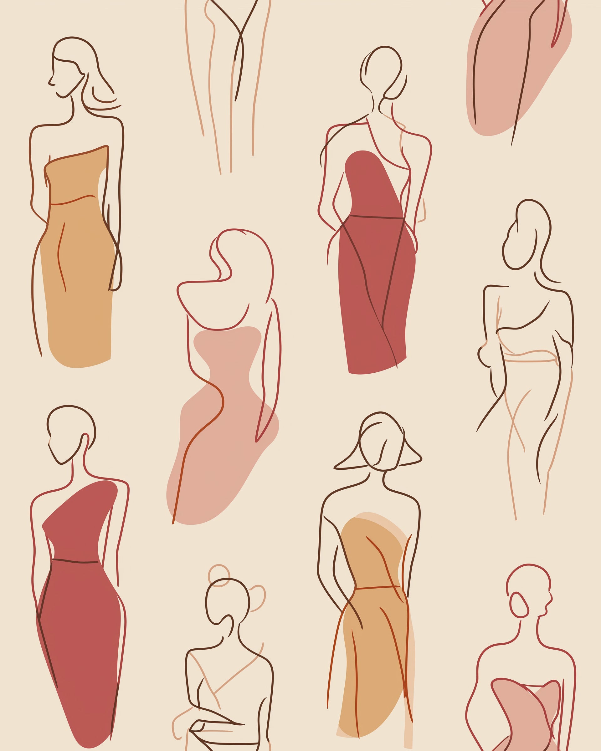 Abstract fashion figure wallpaper with elegant line drawings in terracotta and dusty rose on warm cream backdrop for stylish