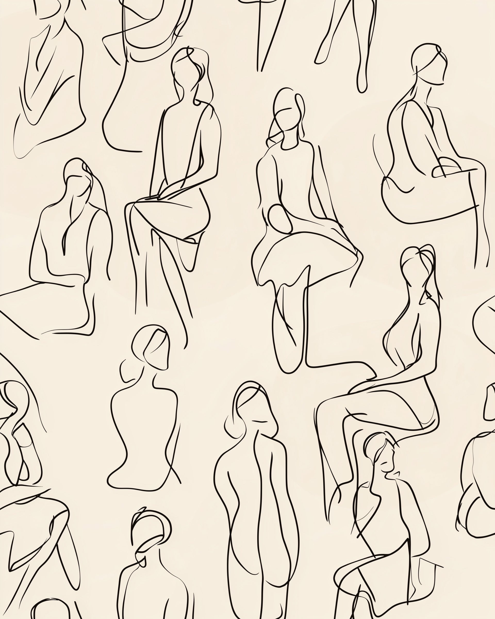 Abstract figure art wallpaper with minimalist beige background and black continuous line drawings of seated and standing silh