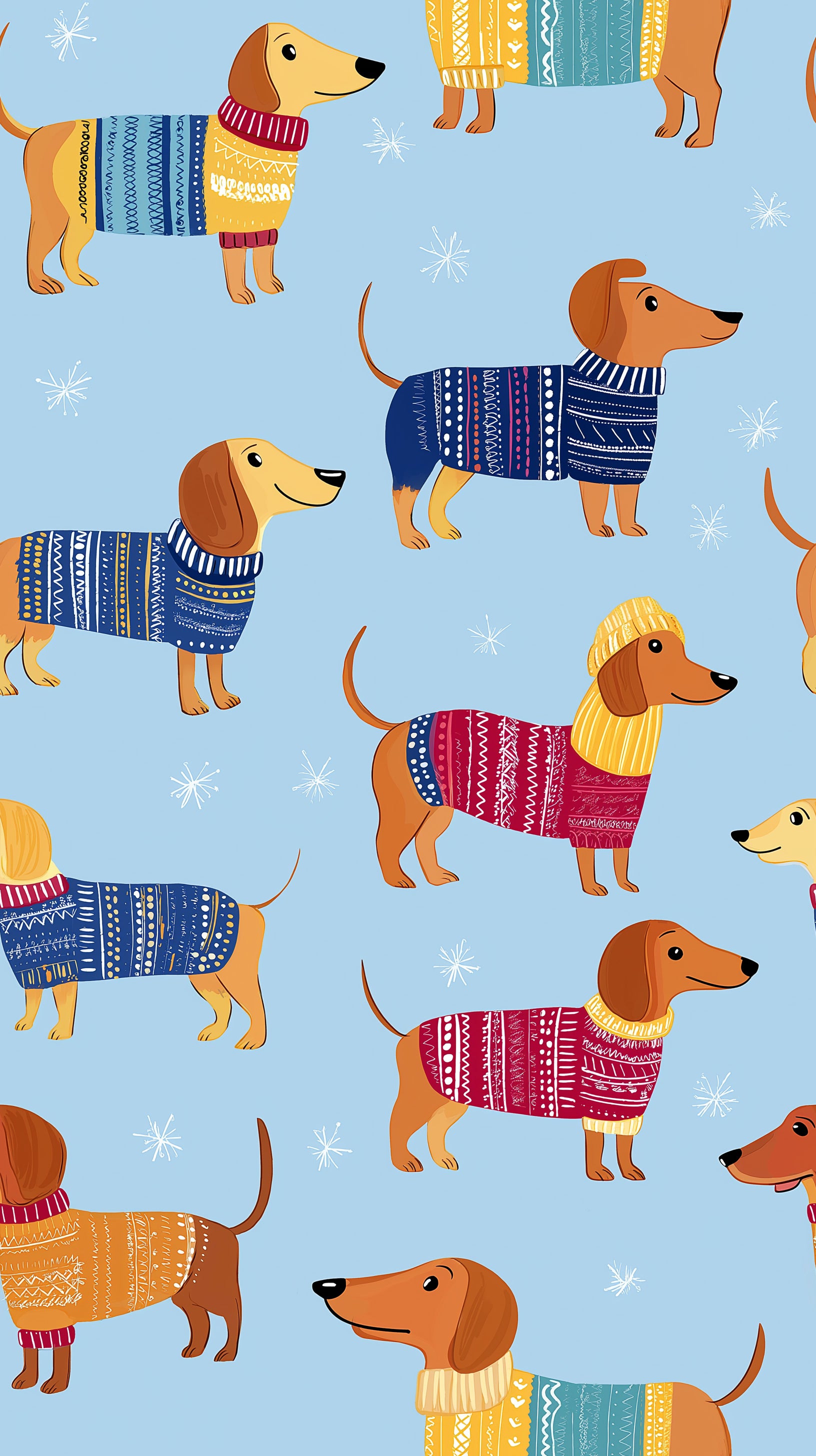 Blue dachshund Christmas pattern wallpaper with playful wiener dogs in colorful sweaters on a winter backdrop of snowflakes f