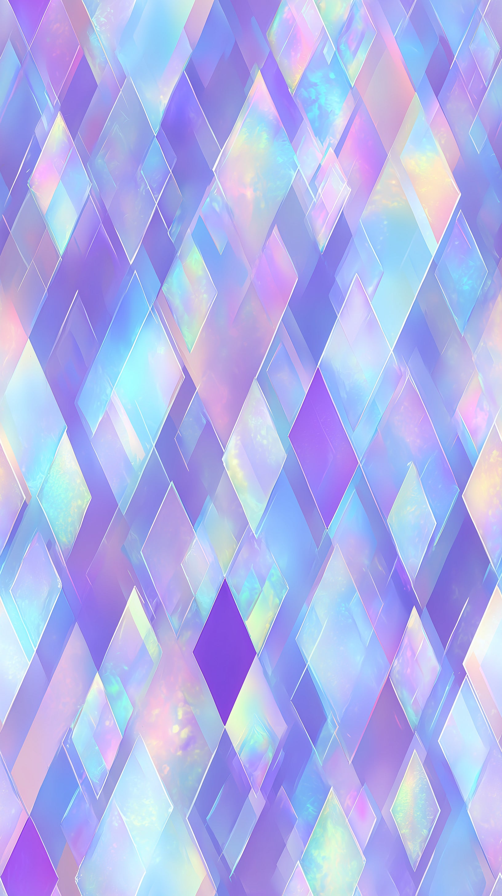 Iridescent holographic diamond wallpaper in purple blue and pink tones with a peel and stick geometric pattern on a modern ac