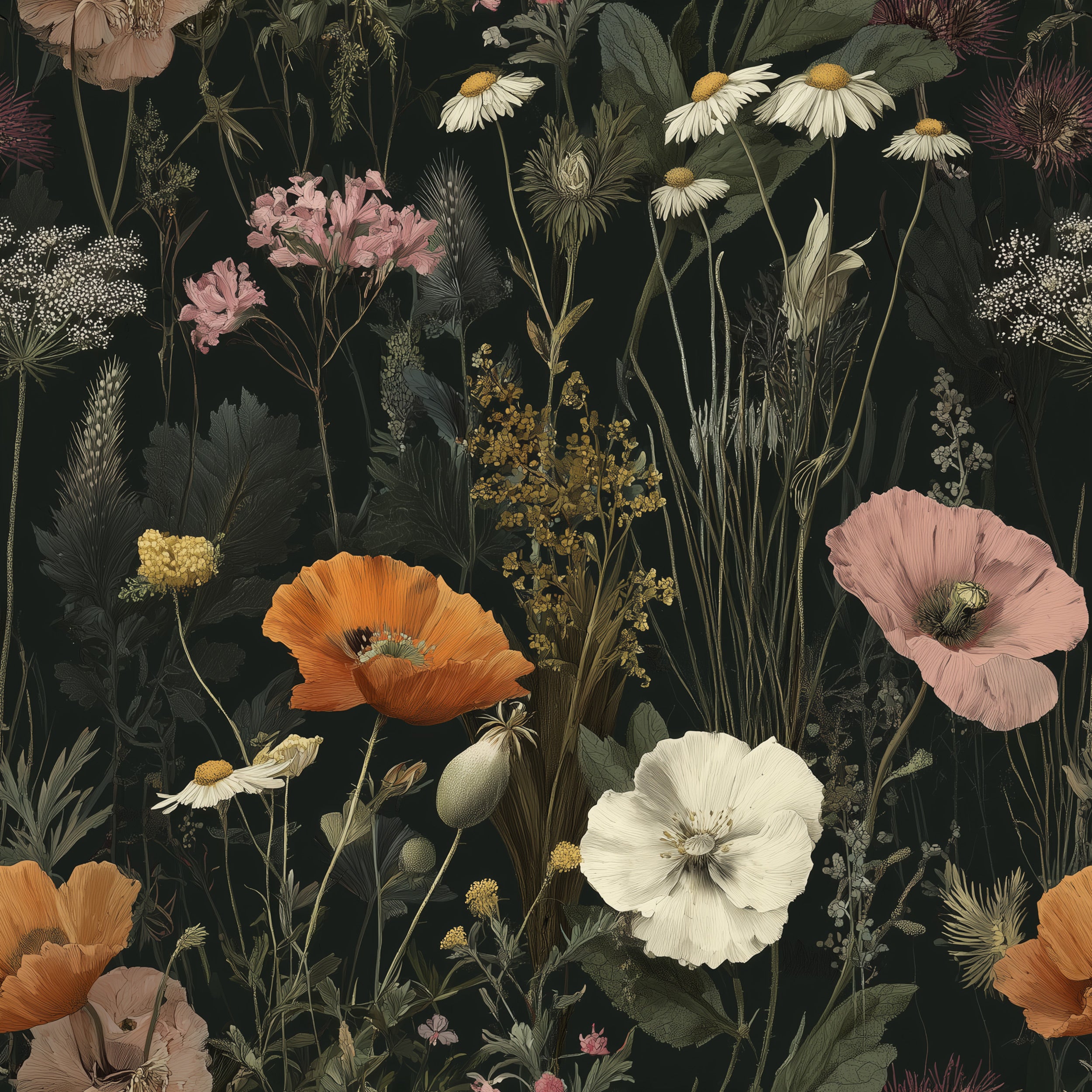 Dark botanical floral wallpaper with orange poppies, daisies and wildflowers on a black background, Peel and Stick style for