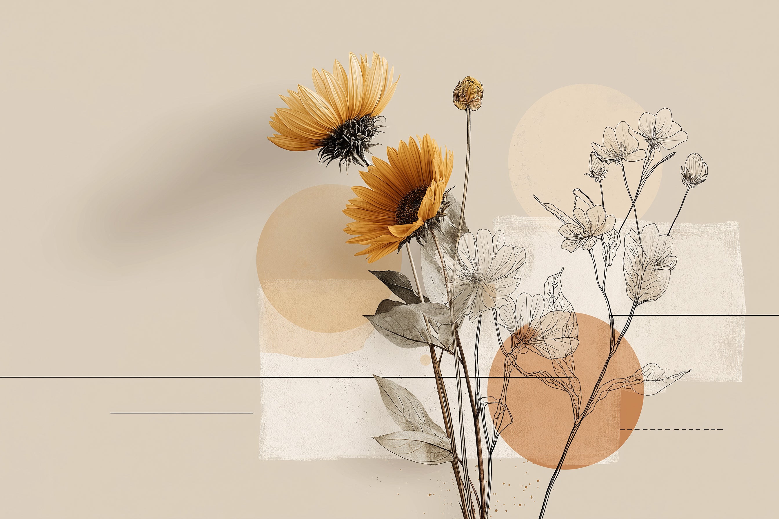 Abstract floral mural showing orange sunflowers with line art wildflowers on a beige neutral background, geometric circles and soft textured shapes