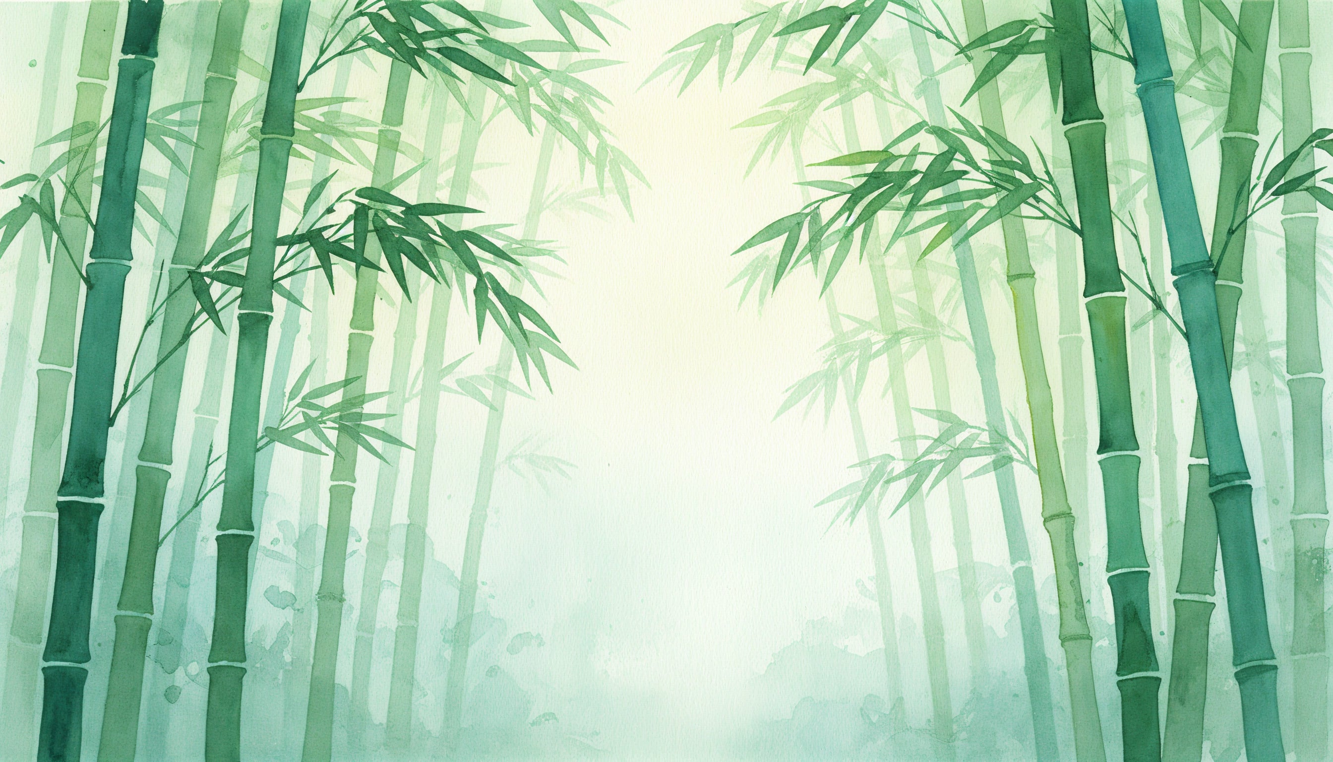 Watercolor bamboo forest mural in green tones with tall stalks, leaves, and a soft misty background ideal for a serene bedroom or living space