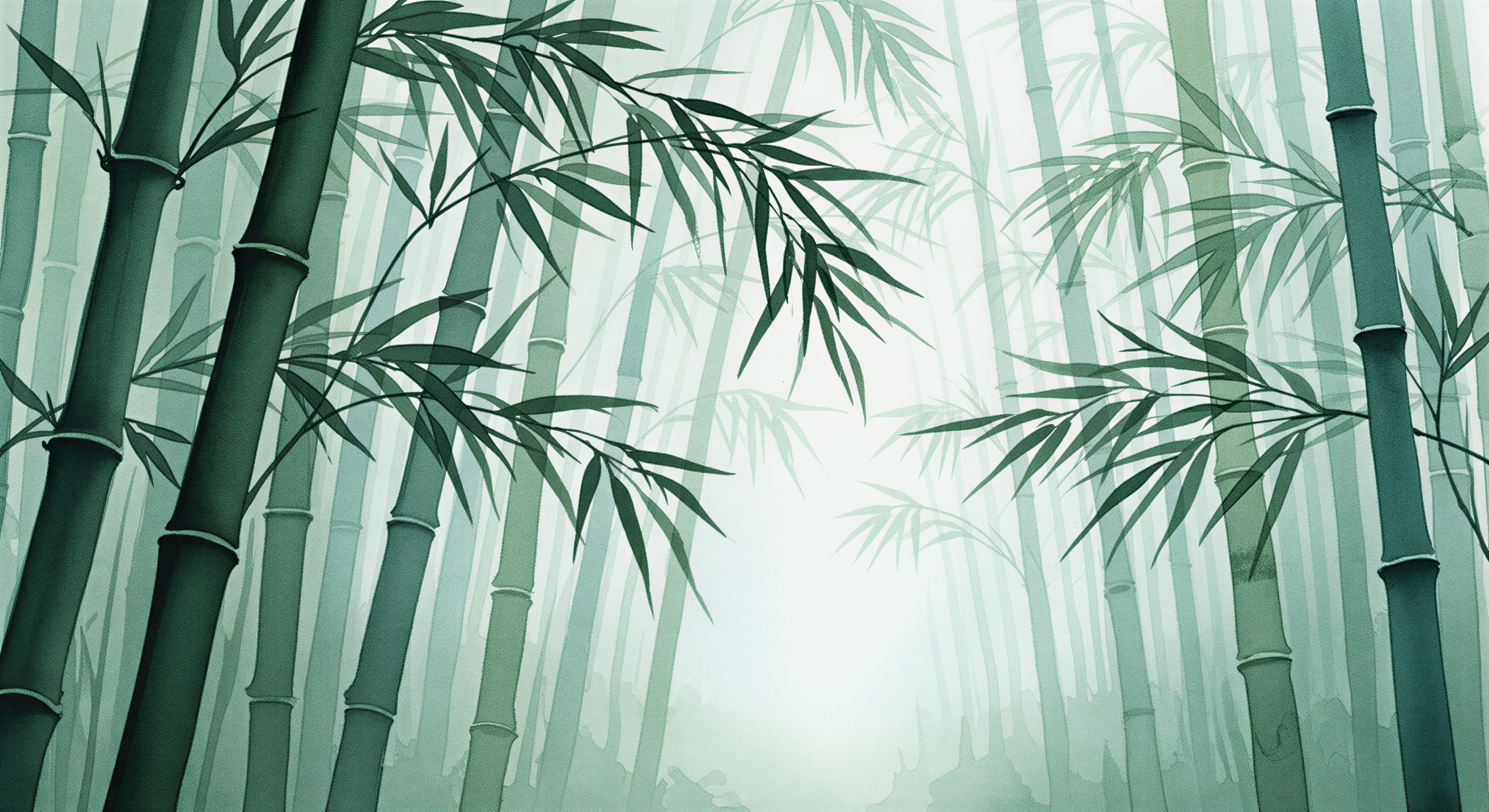 Calming sage green bamboo forest mural with tall stalks and leafy fronds creating a serene wall art backdrop for a bedroom or living space