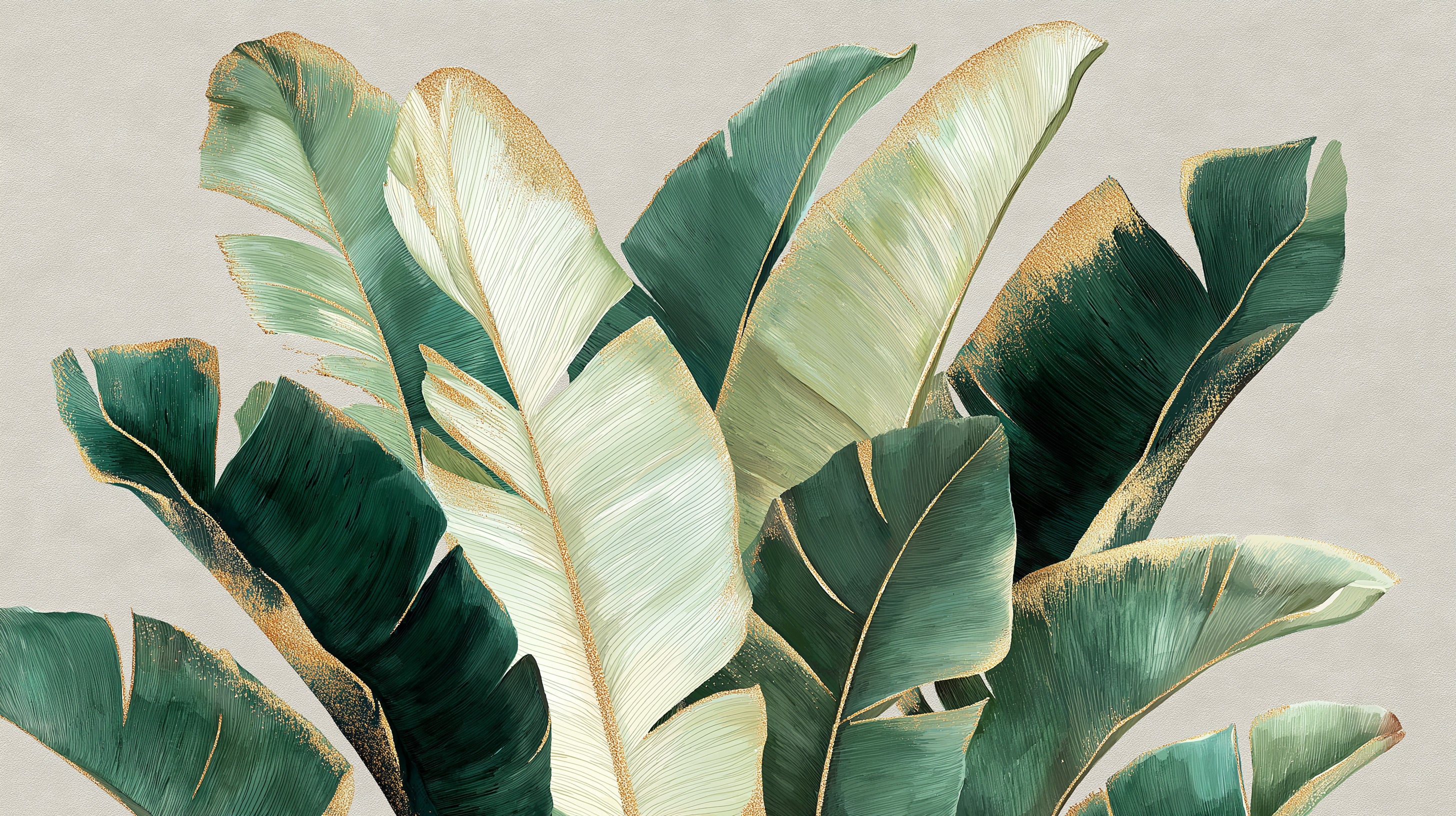 Luxurious tropical banana leaf mural in emerald greens with gold accents on a neutral backdrop, bold self-adhesive wall art for a dramatic living
