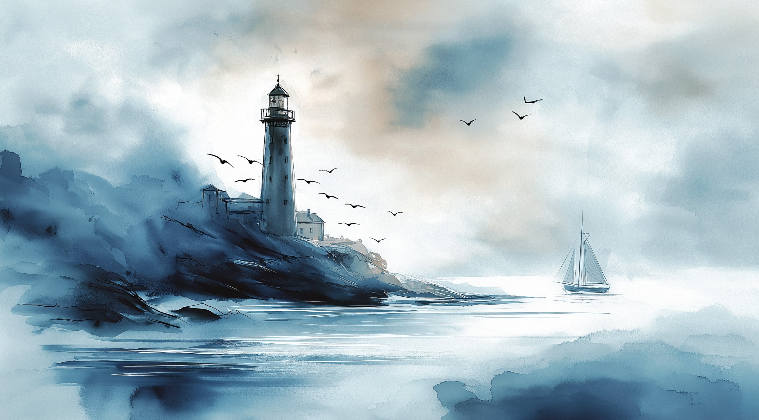 Coastal lighthouse watercolor mural in blue tones on rocky shore with sea, a sailing boat, and flocking birds, coastal wall a