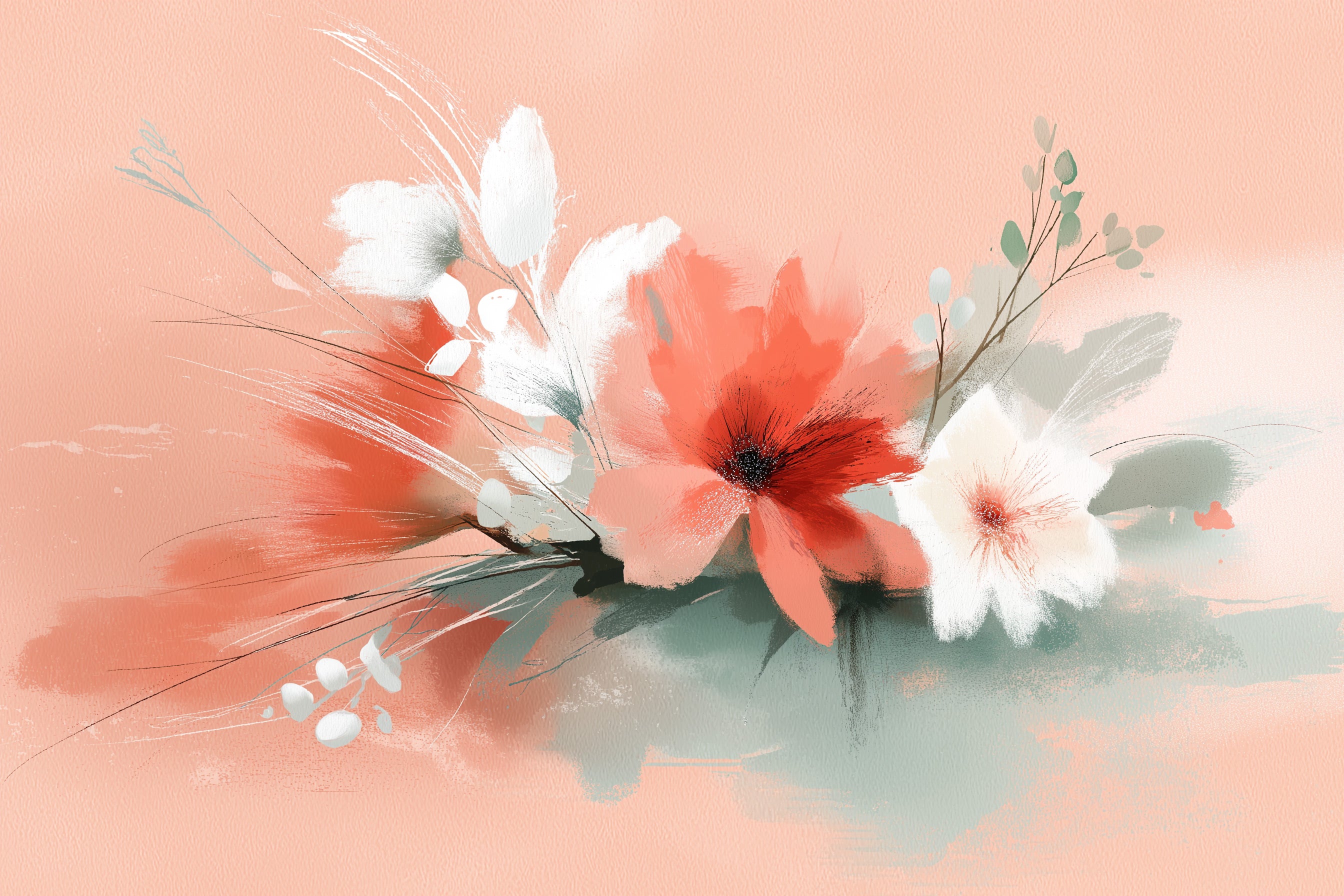 Abstract floral mural in coral, white, and sage greens with watercolor blooms and soft brushstrokes on blush backdrop for a s