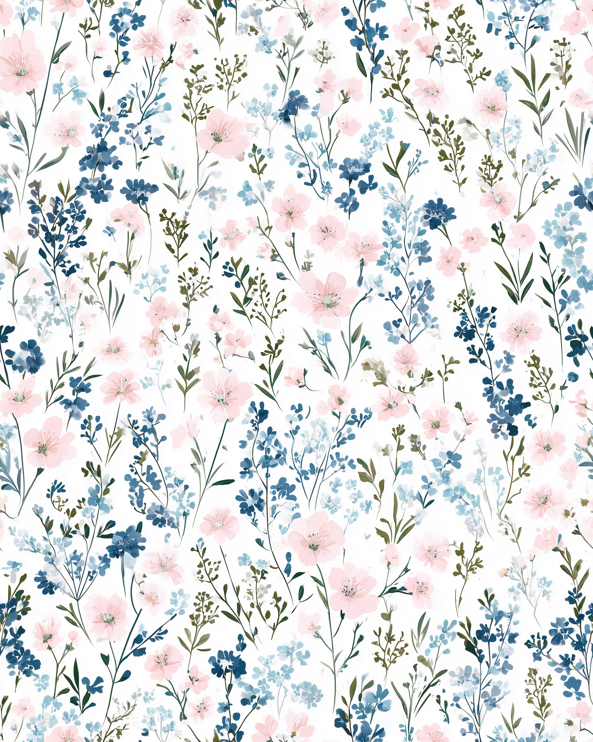 Delicate watercolor wildflowers in pink and blue with green stems on white background for a peel and stick meadow wallpaper l