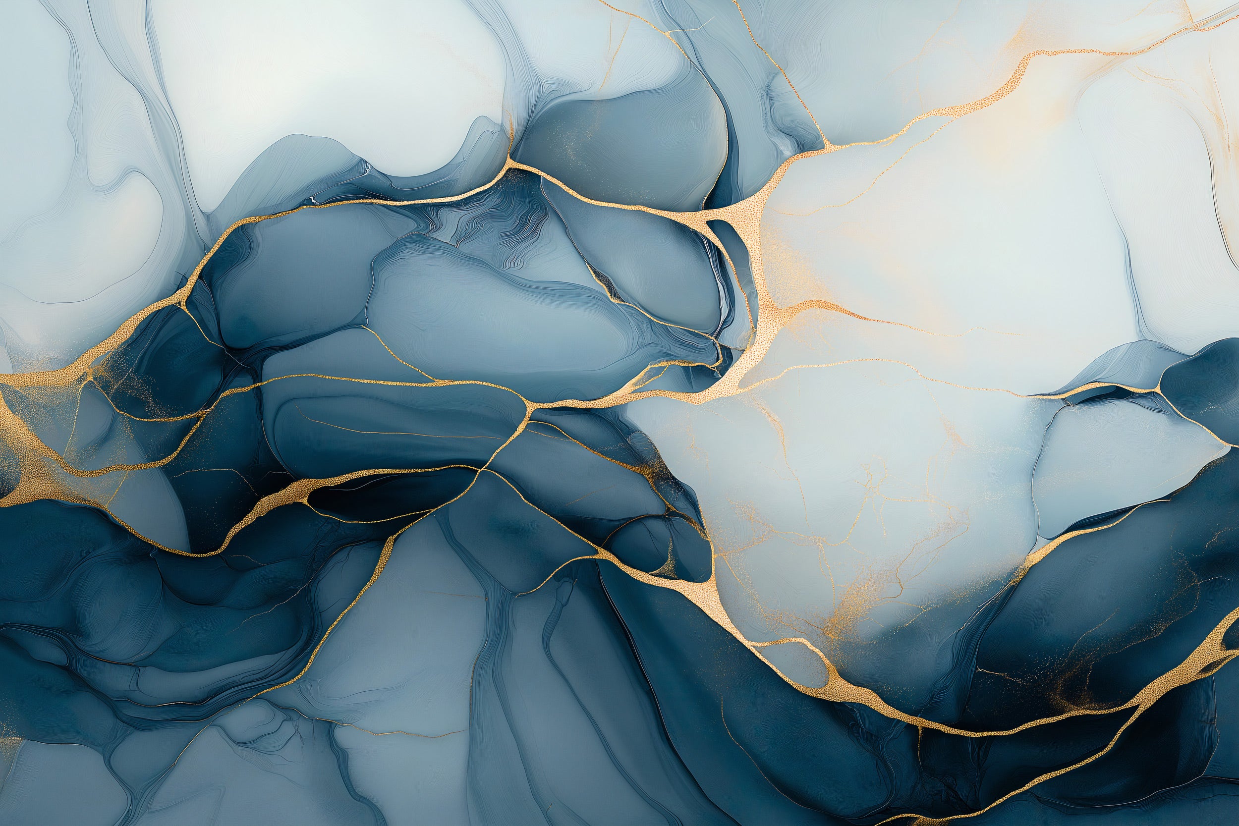 Blue abstract marble mural with gold veining in a flowing, luxurious wall decor scene for modern interiors