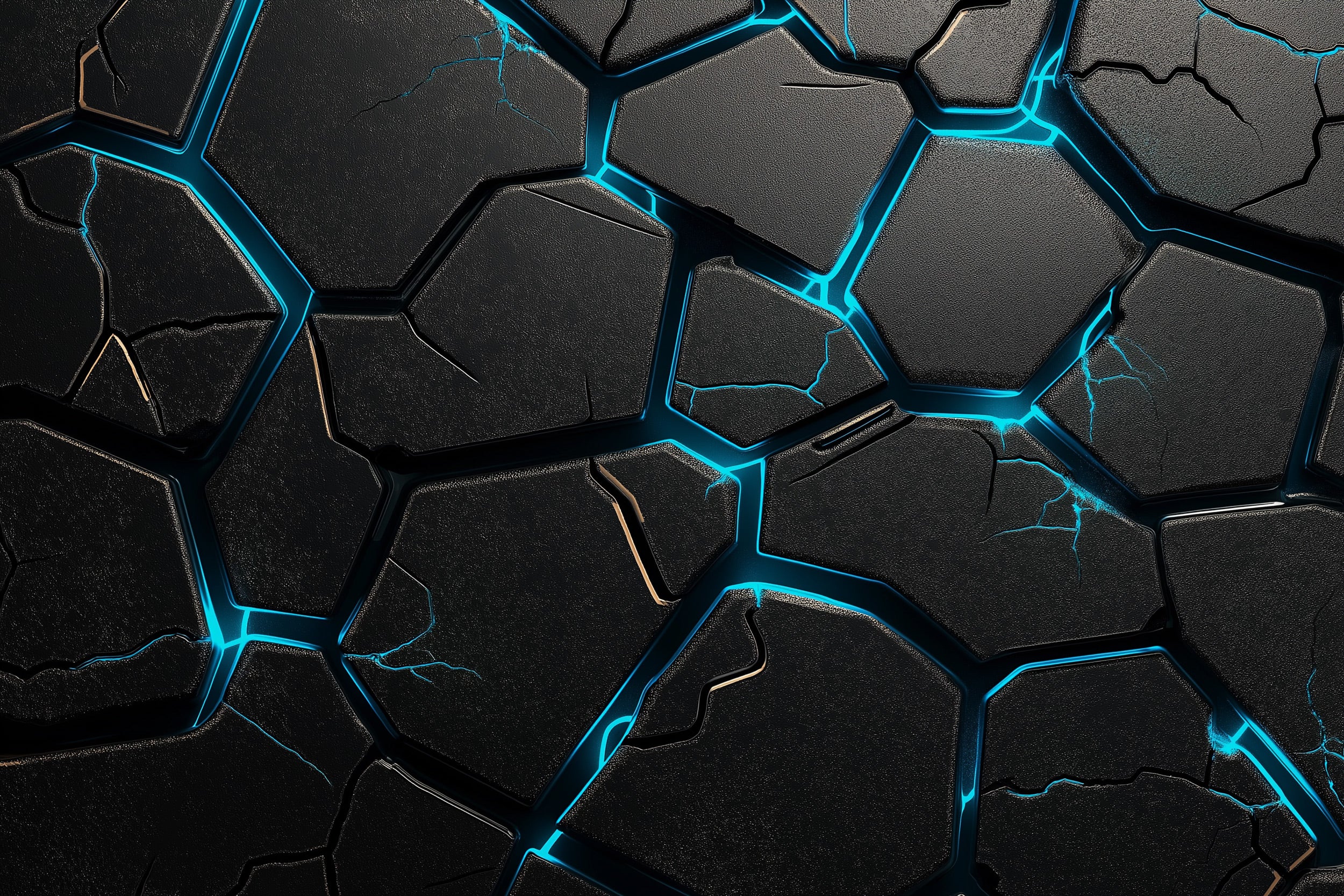 Futuristic hexagon mural with glowing cyan energy lines on dark interlocking panels for a sci fi modern gaming room backdrop