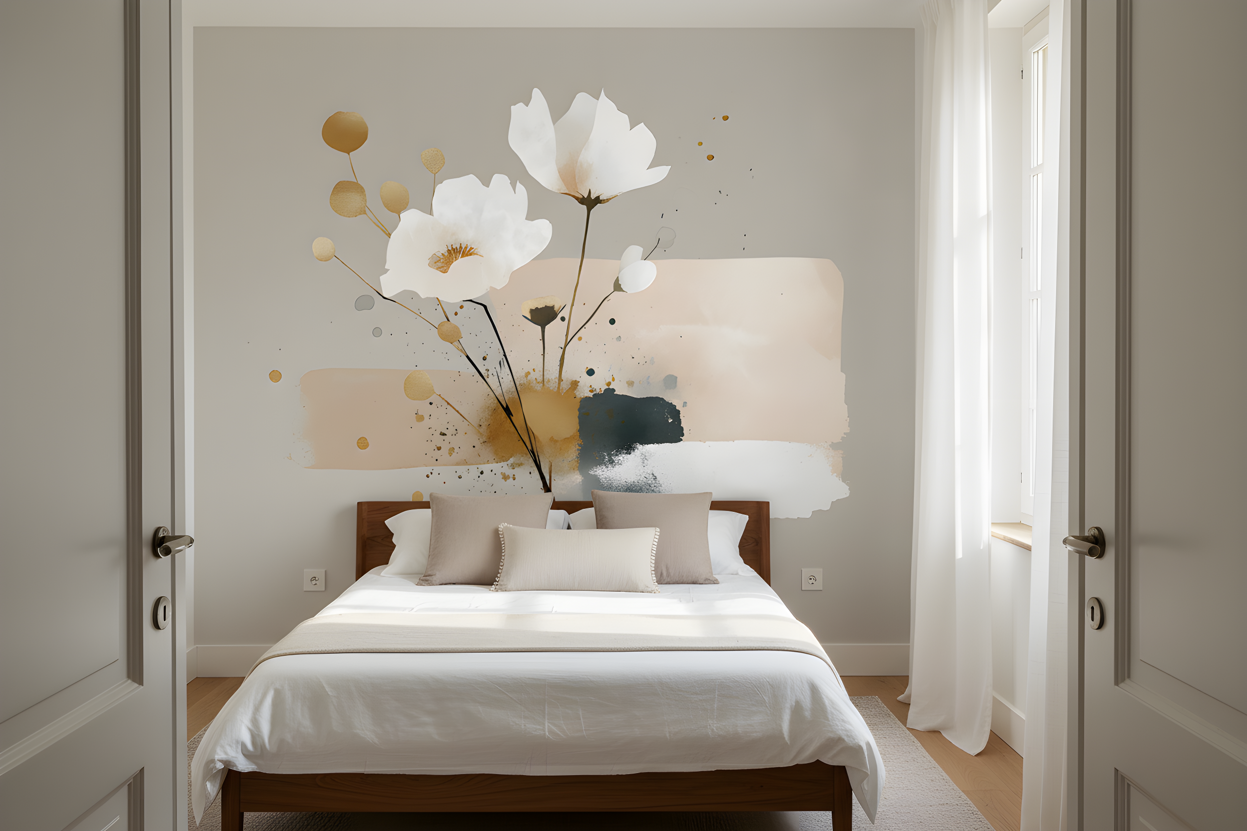 Abstract floral mural with white cosmos flowers and soft beige, teal, and gold watercolor background on a bedroom feature wall behind a wooden bed