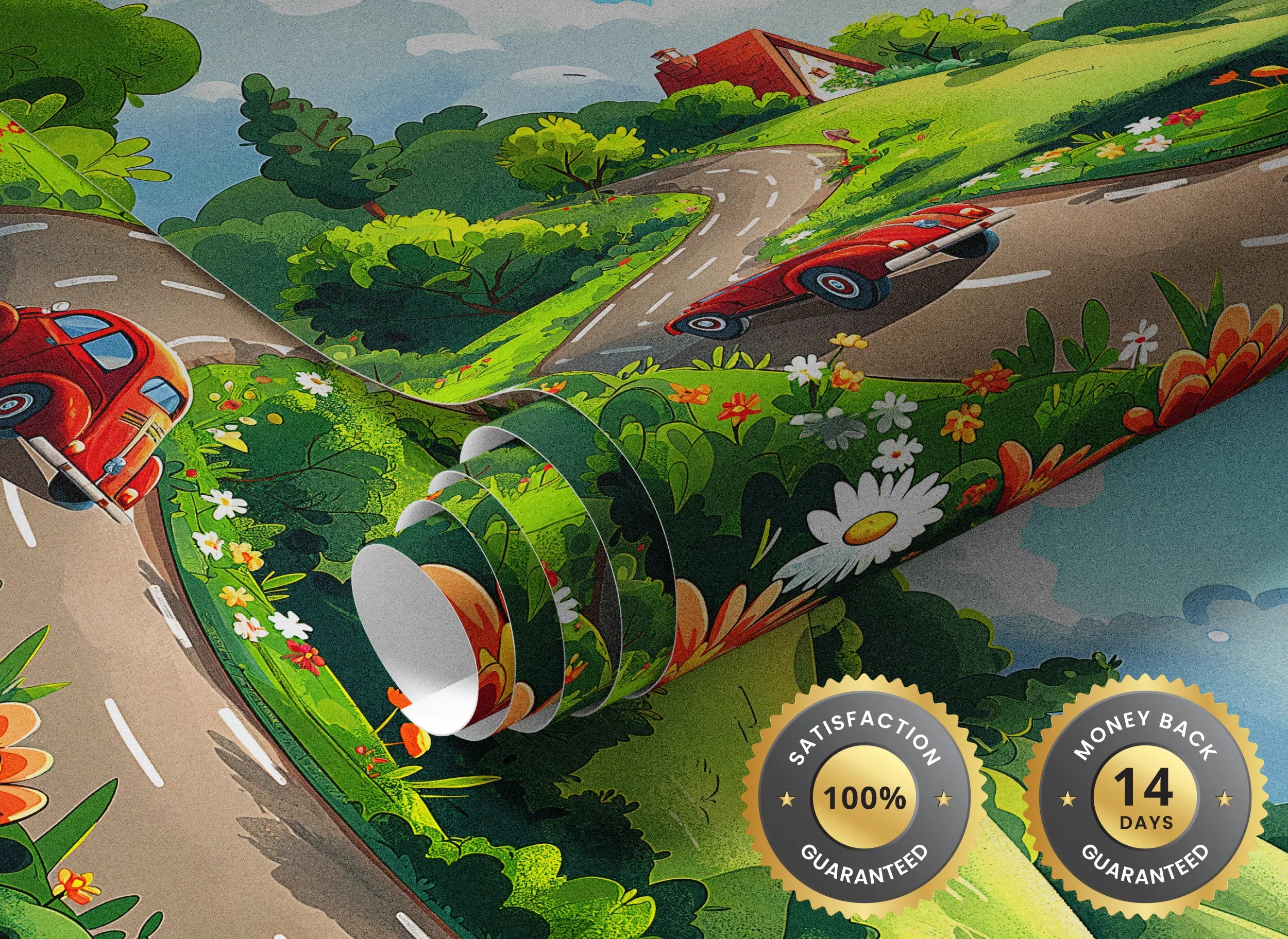 Red car countryside mural