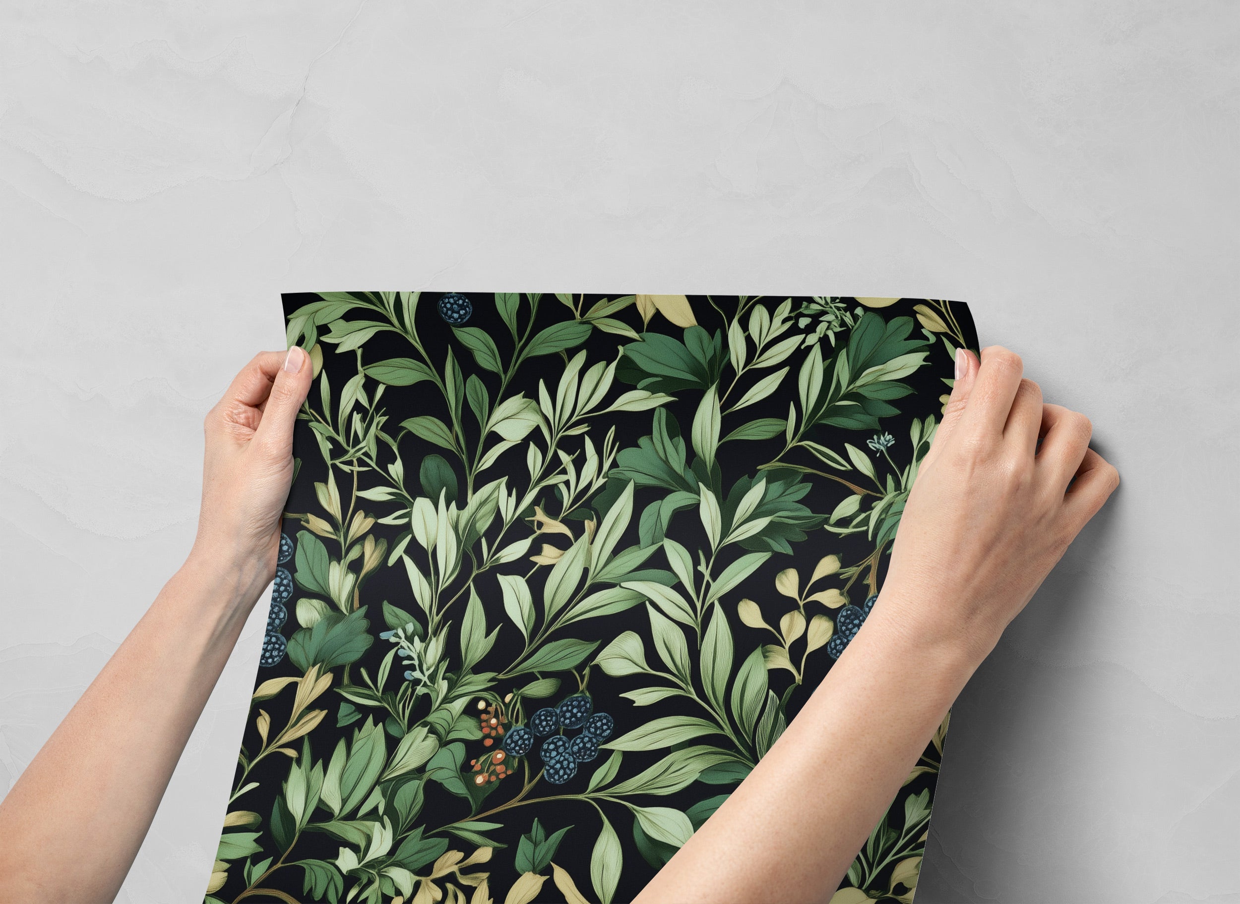 Dark botanical berry wallpaper with green leaves on a black background, peel and stick decor for moody bedrooms
