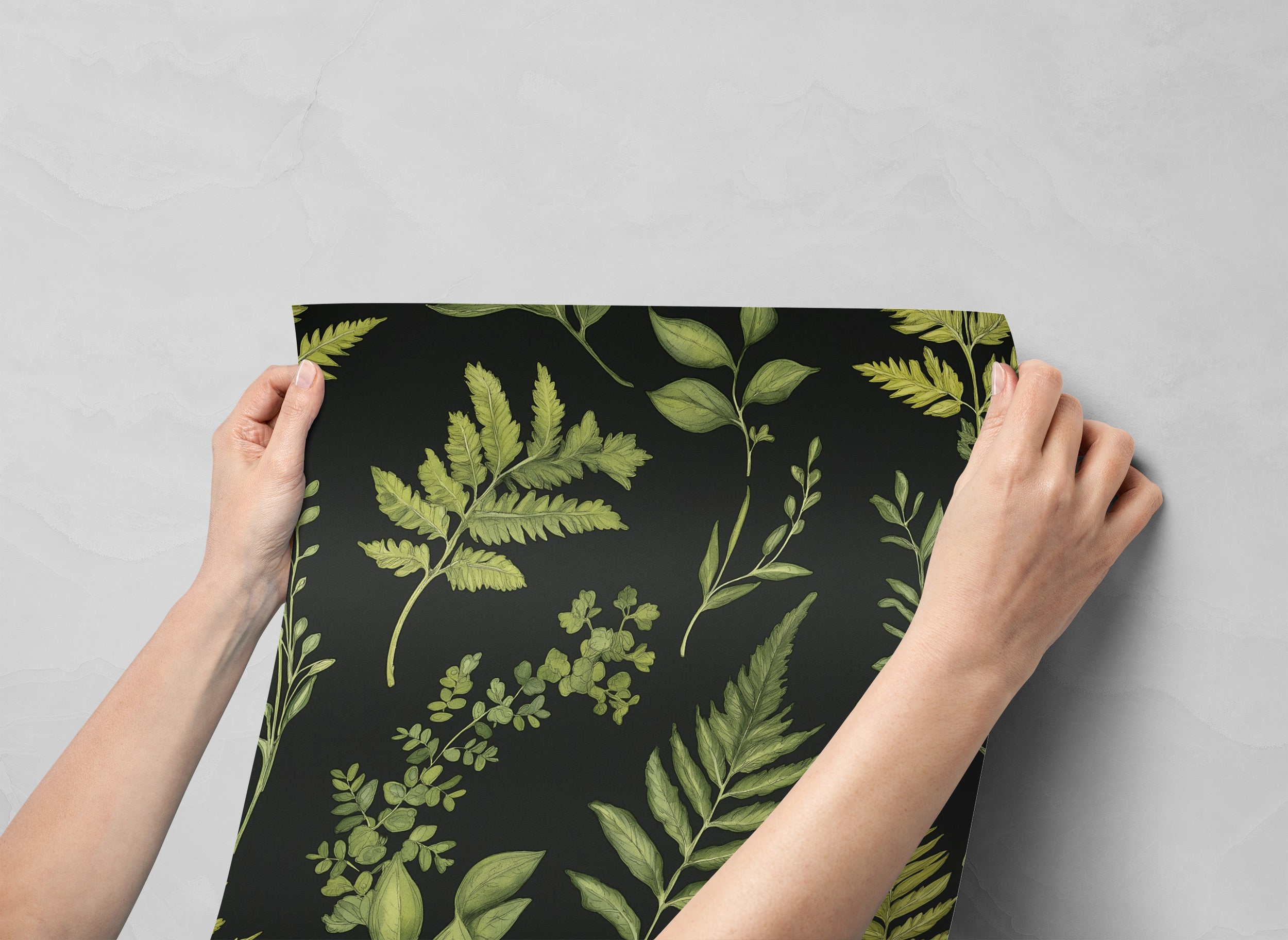 Removable peel and stick wallpaper featuring green fern leaves on a dark background, botanical design for living spaces