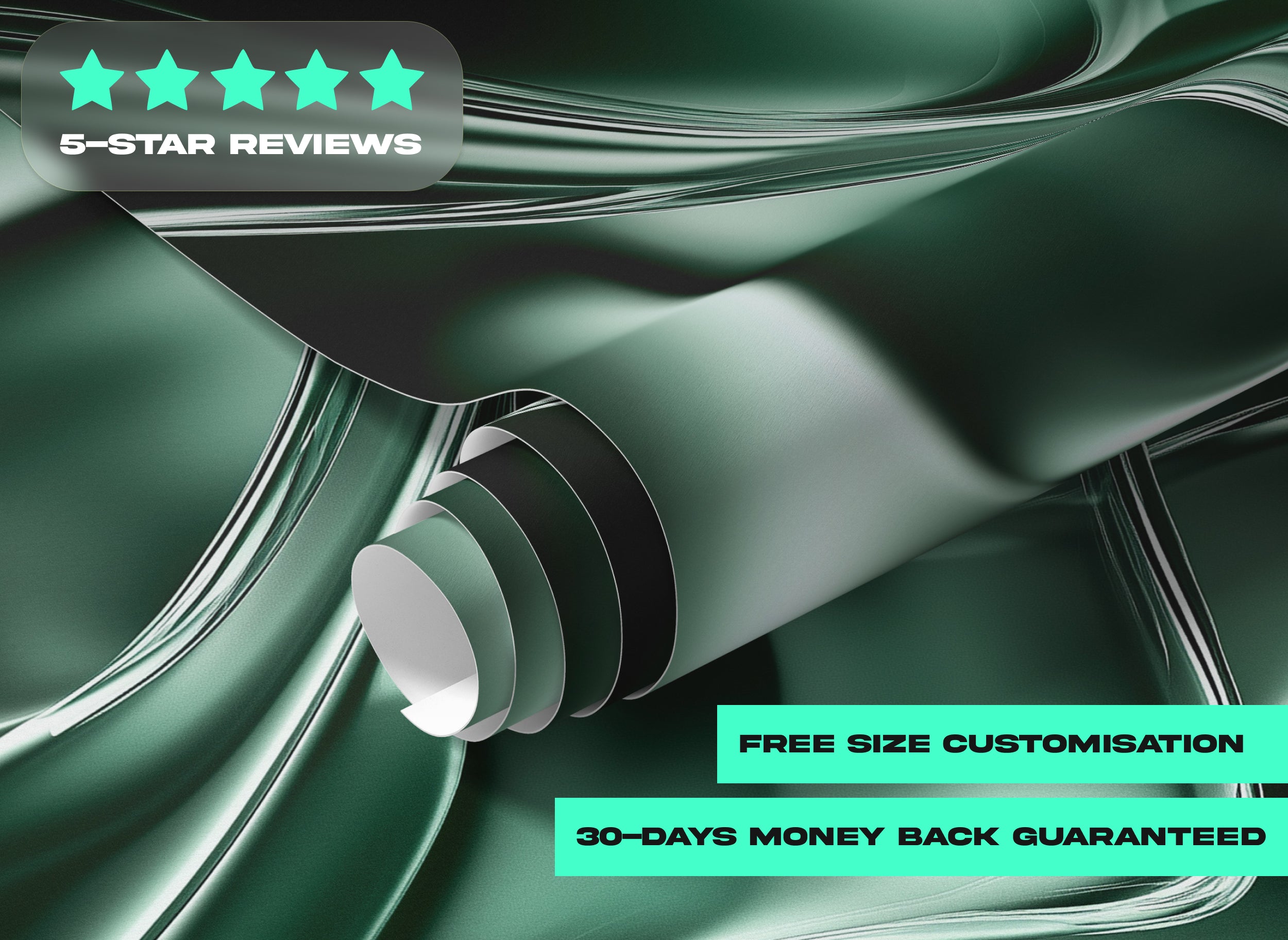 Emerald liquid metal abstract mural with flowing green shapes and metallic highlights for a modern living space, peel and sti