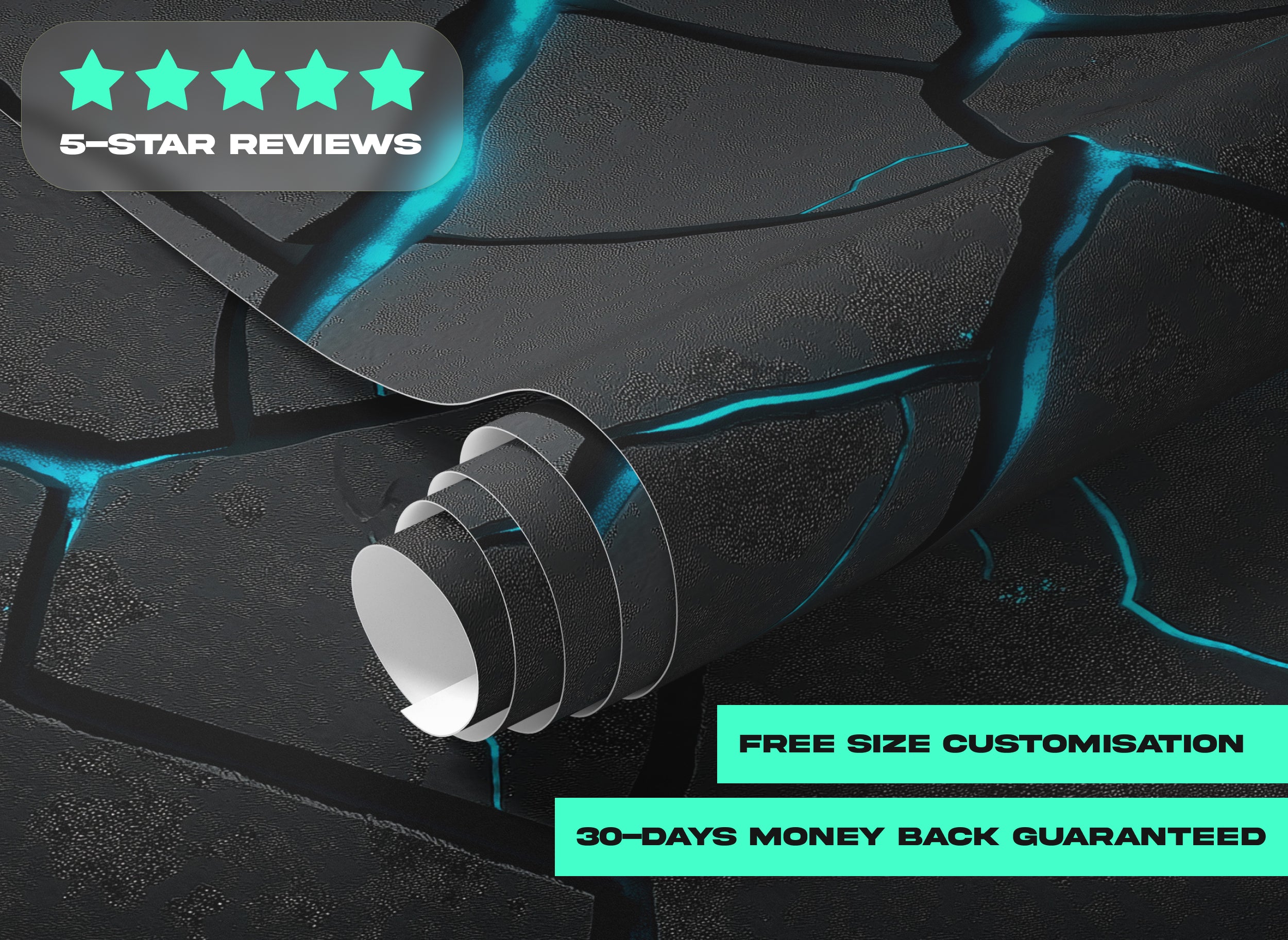 Cracked stone mural with cyan blue glow, industrial sci‑fi style peel and stick wall art on a dark textured wall with glowing