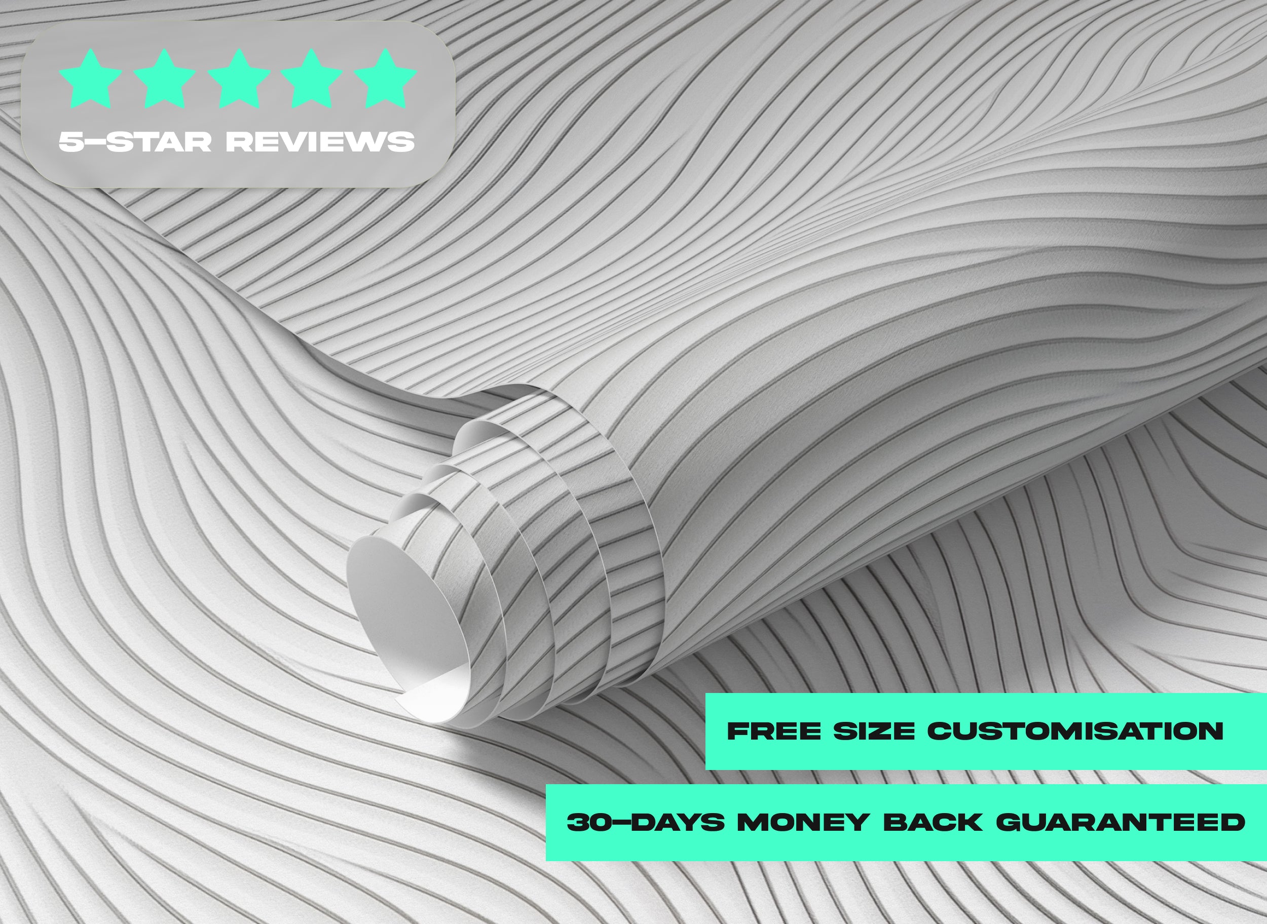 Abstract wave lines mural in white and gray with flowing curved stripes for modern walls, peel and stick style, soft geometri