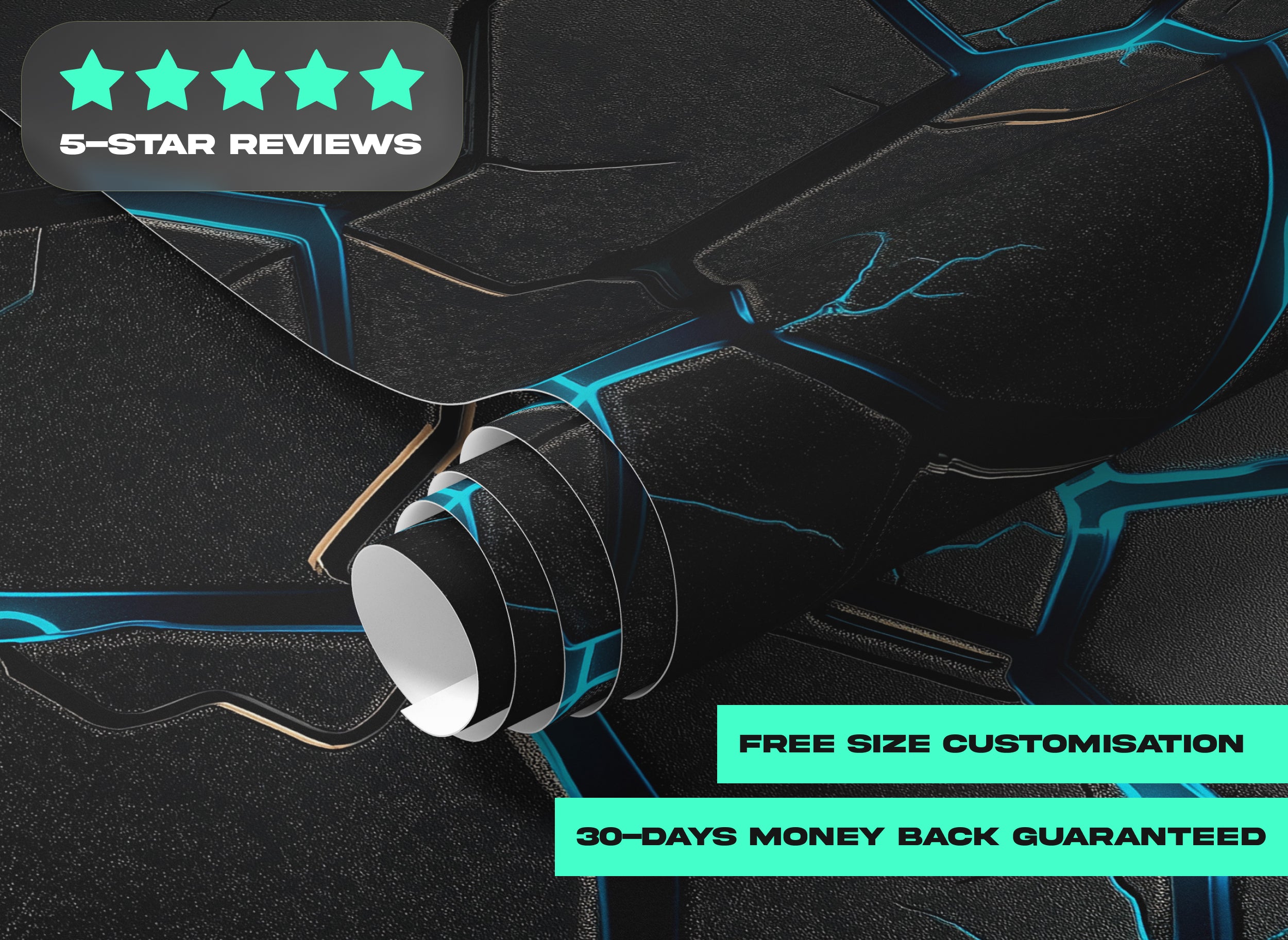 Futuristic hexagon mural in a dark panel web with cyan blue glowing lines and three‑dimensional geometric pattern for modern