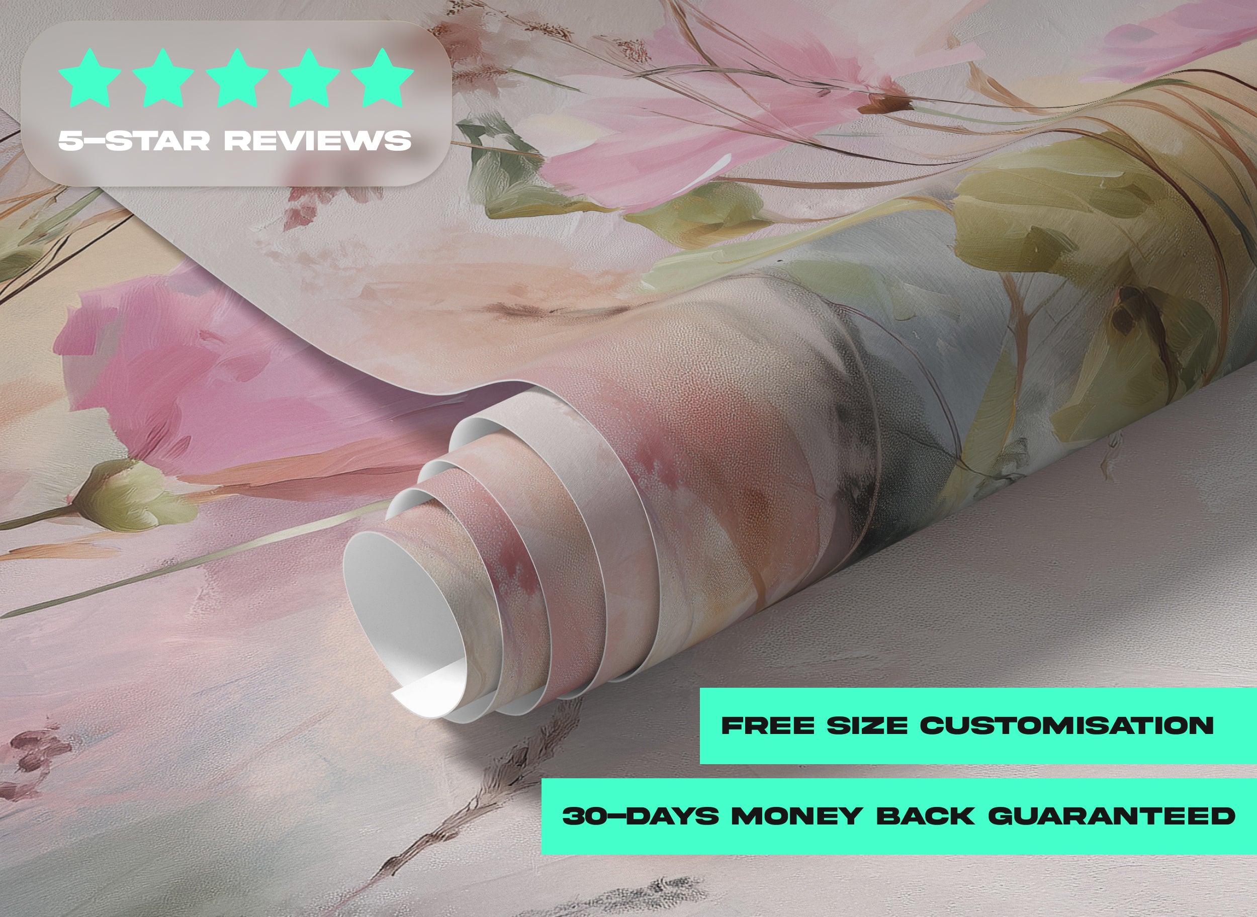 Watercolor floral mural with soft pink blooms and grasses on a removable peel and stick bedroom wall decor in pastel tones